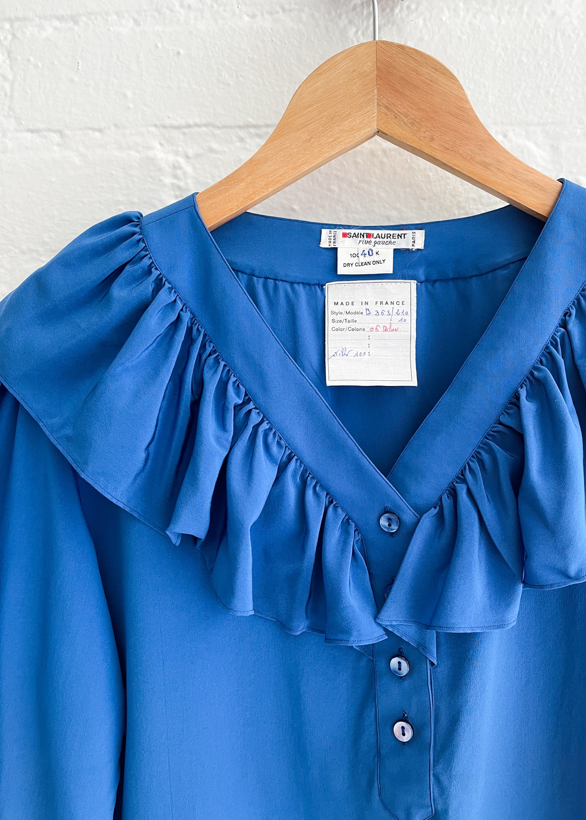 Vintage 1970s YSL Blue Ruffle Neck Blouse