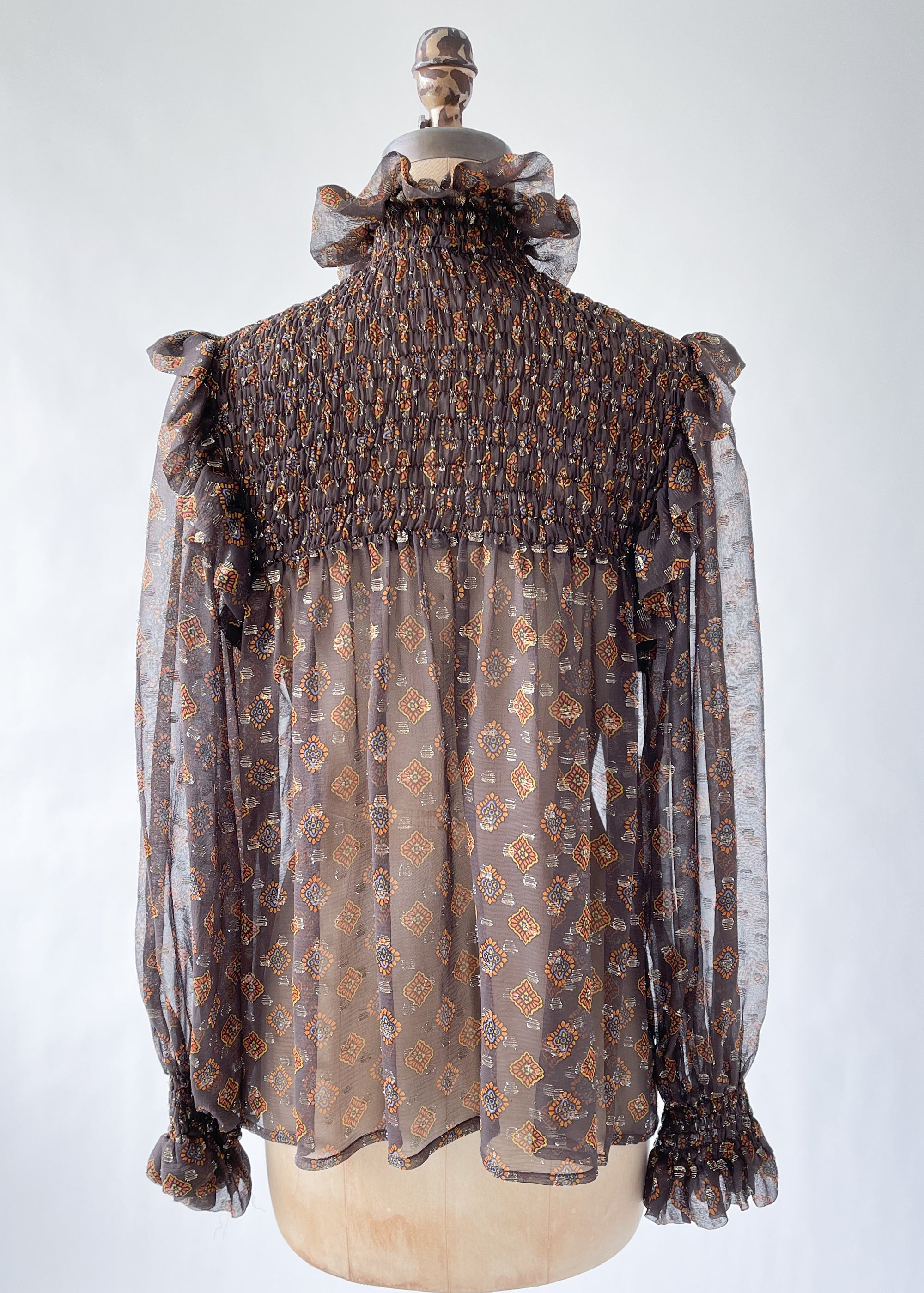 Vintage 1970s YSL Smocked Ruffle Neck Blouse