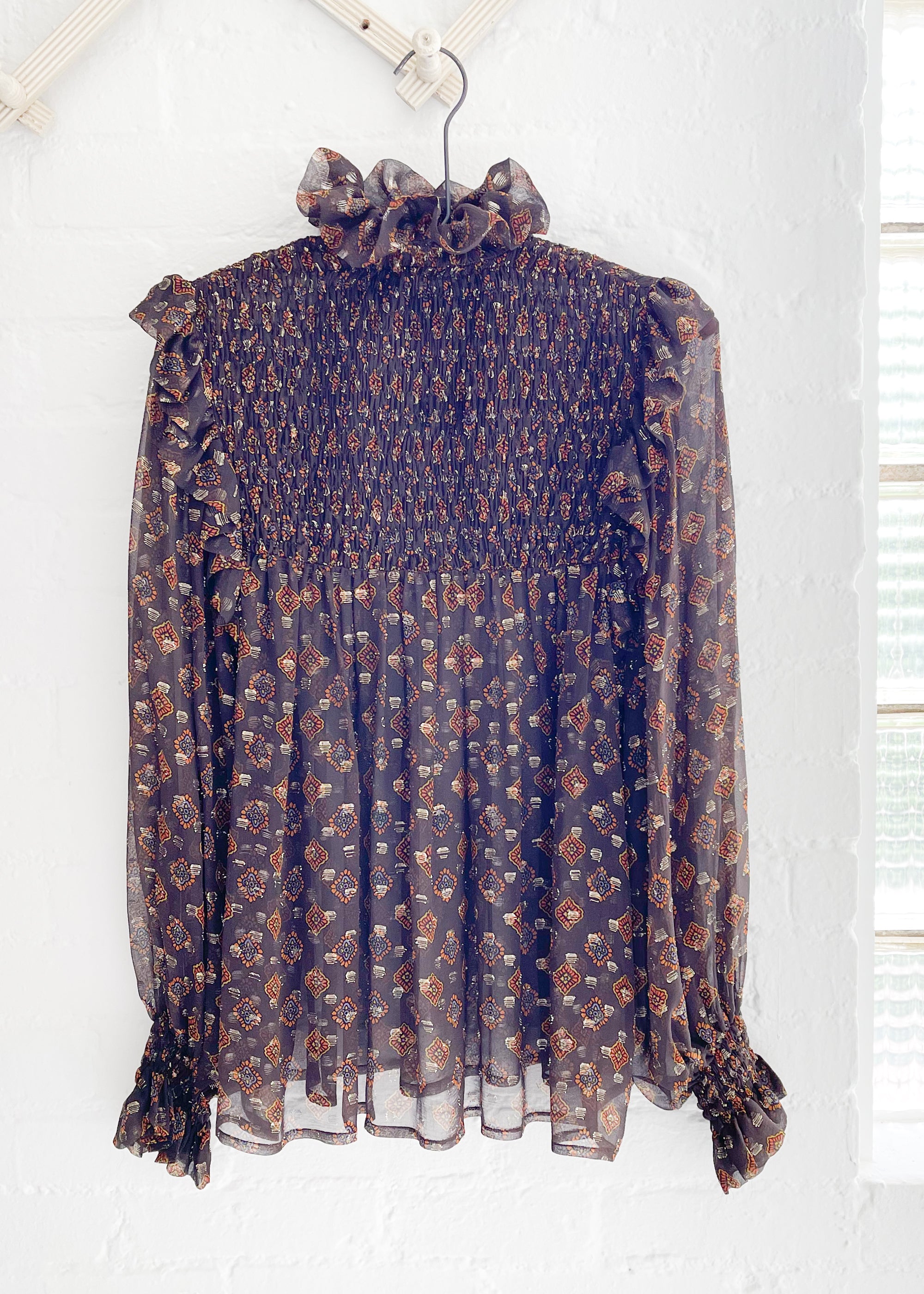 Vintage 1970s YSL Smocked Ruffle Neck Blouse