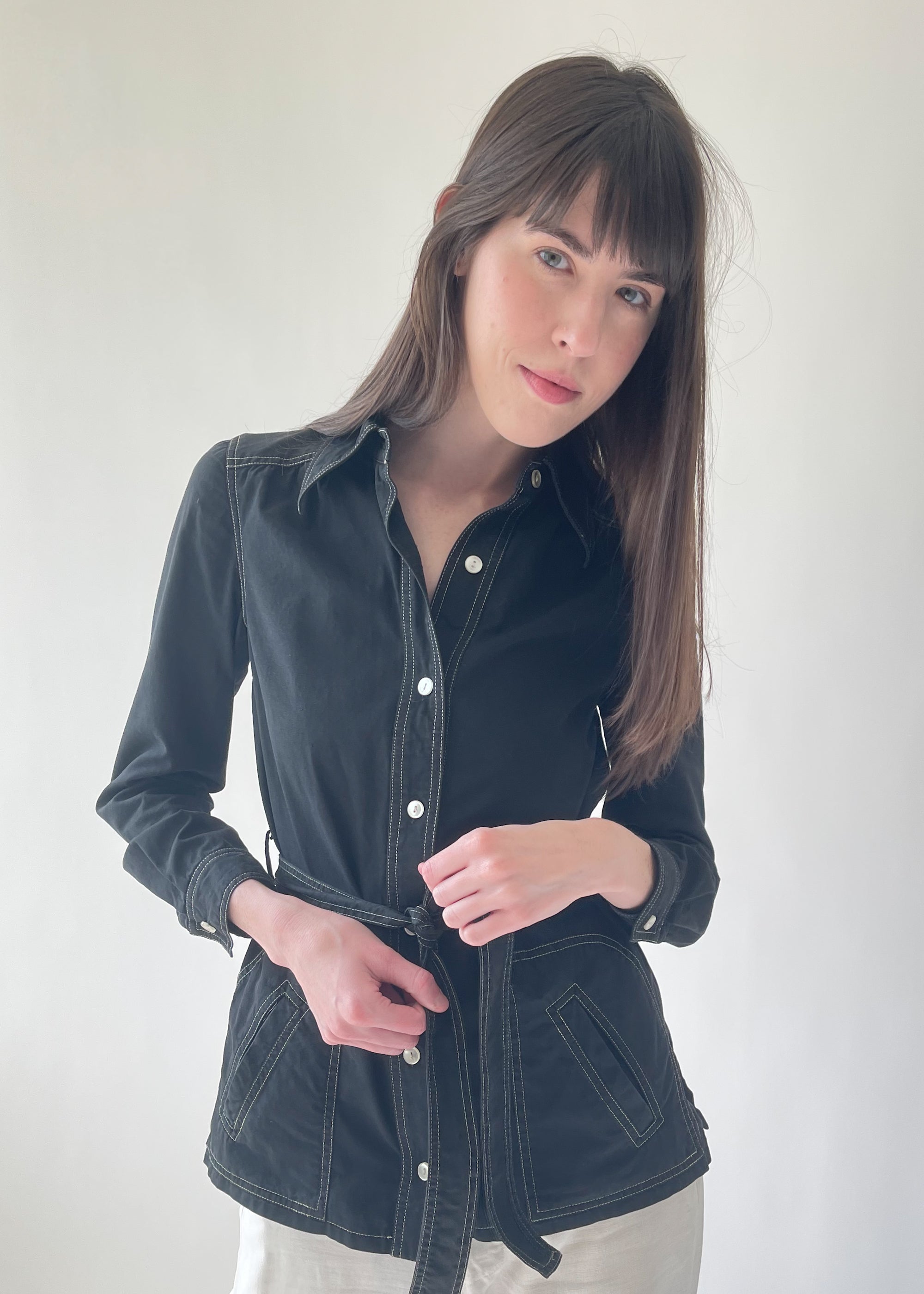 Vintage 1970s Black Cotton Belted Shirt