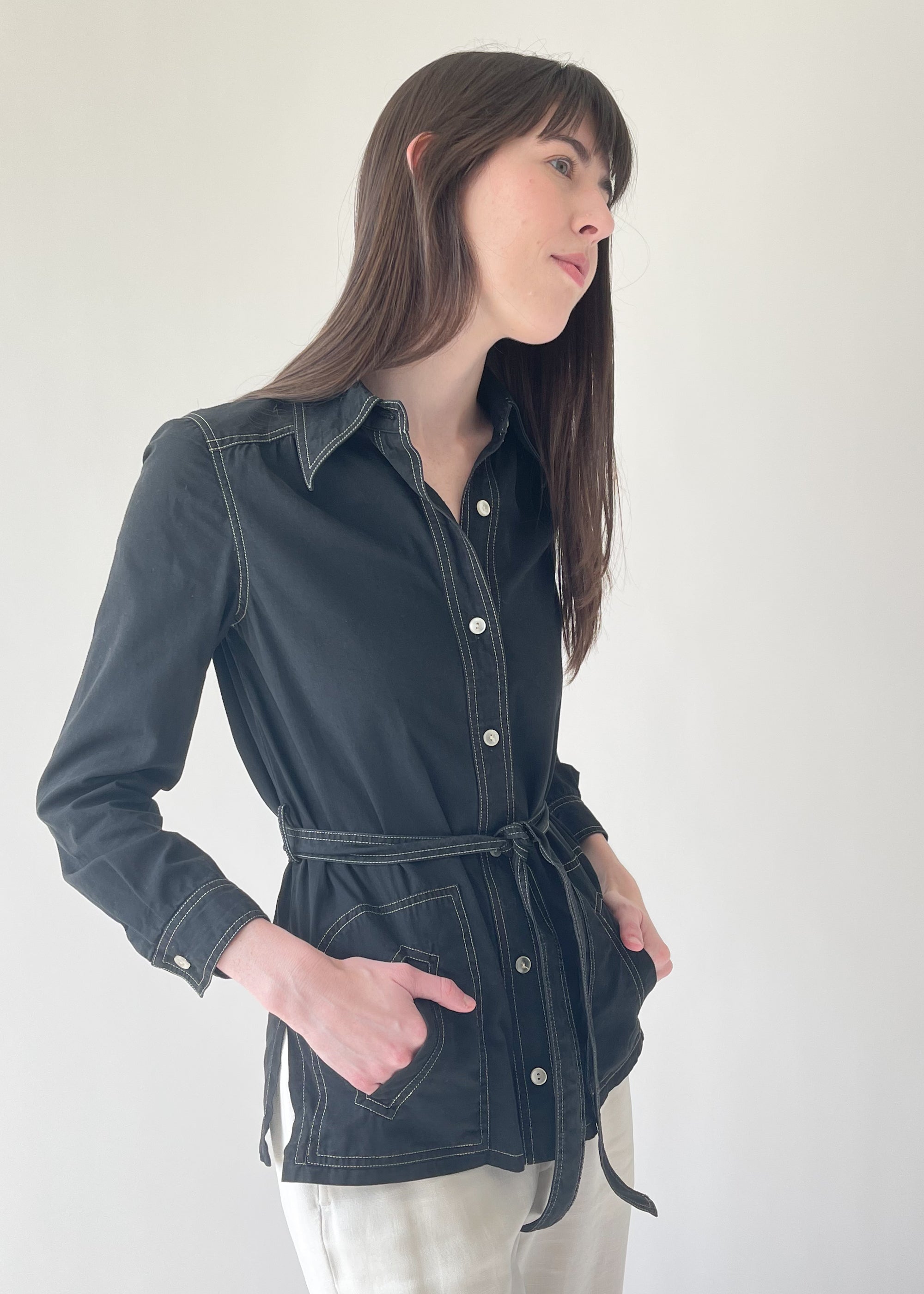 Vintage 1970s Black Cotton Belted Shirt