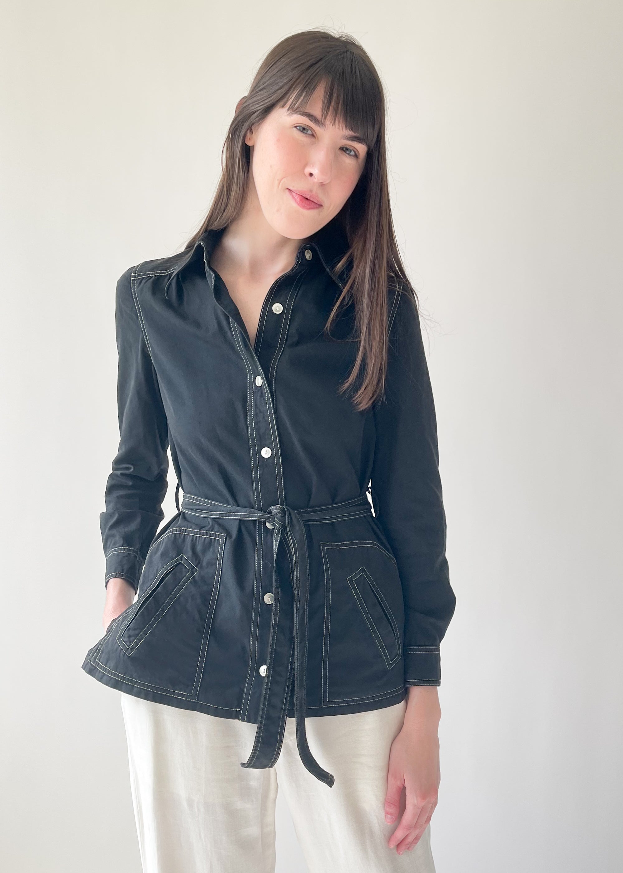 Vintage 1970s Black Cotton Belted Shirt