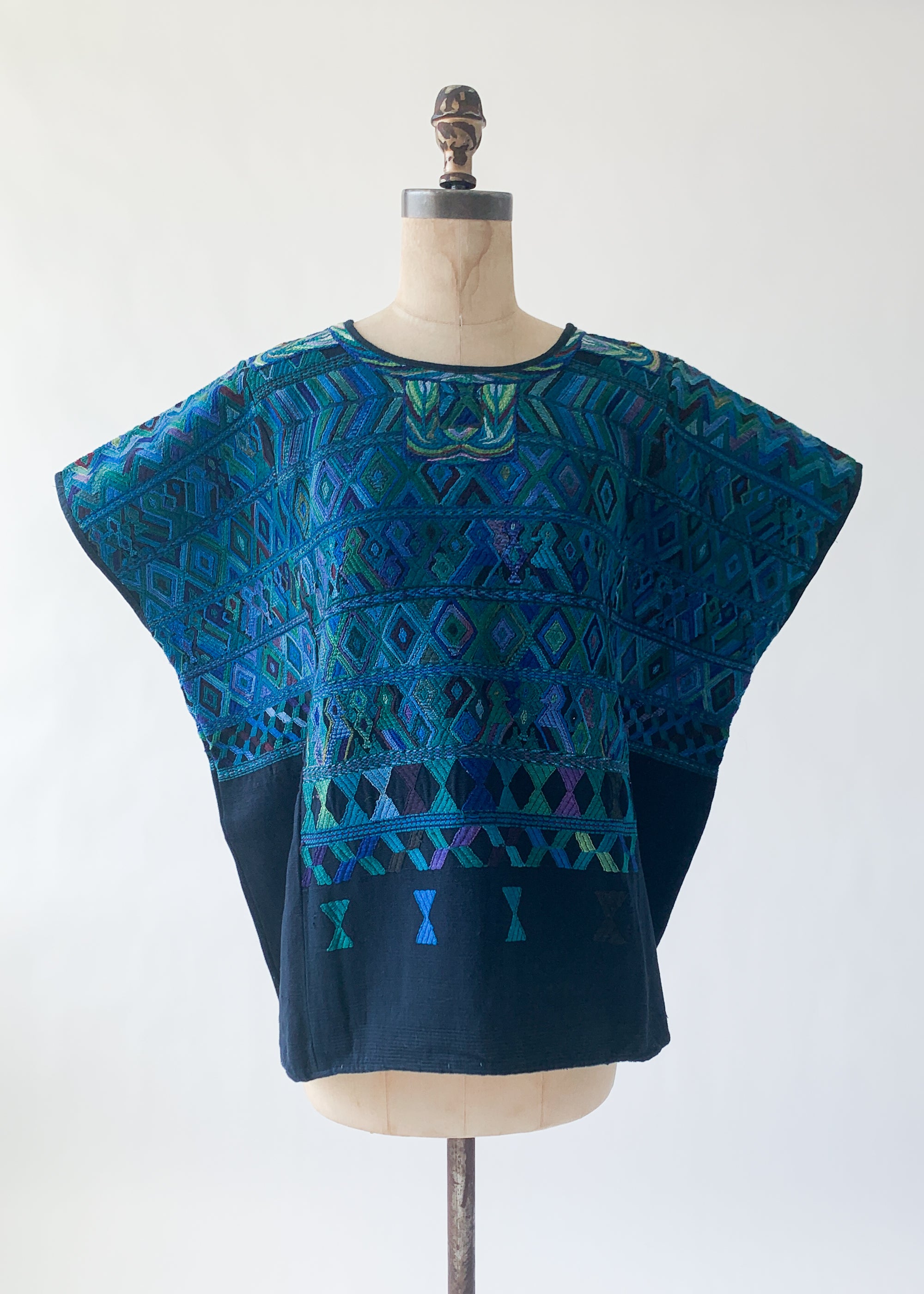 Vintage 1960s Blue Embroidered Huipil