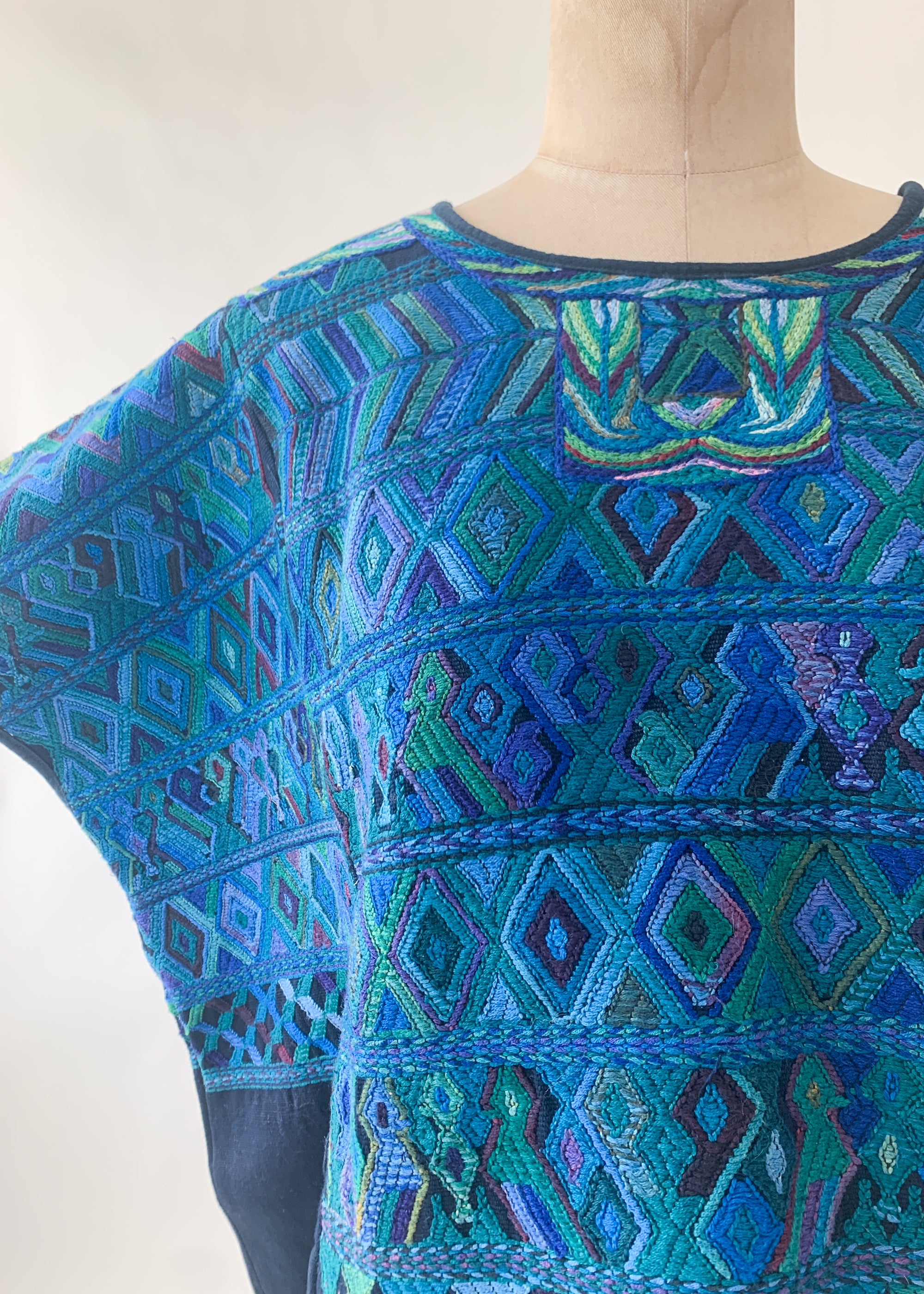 Vintage 1960s Blue Embroidered Huipil