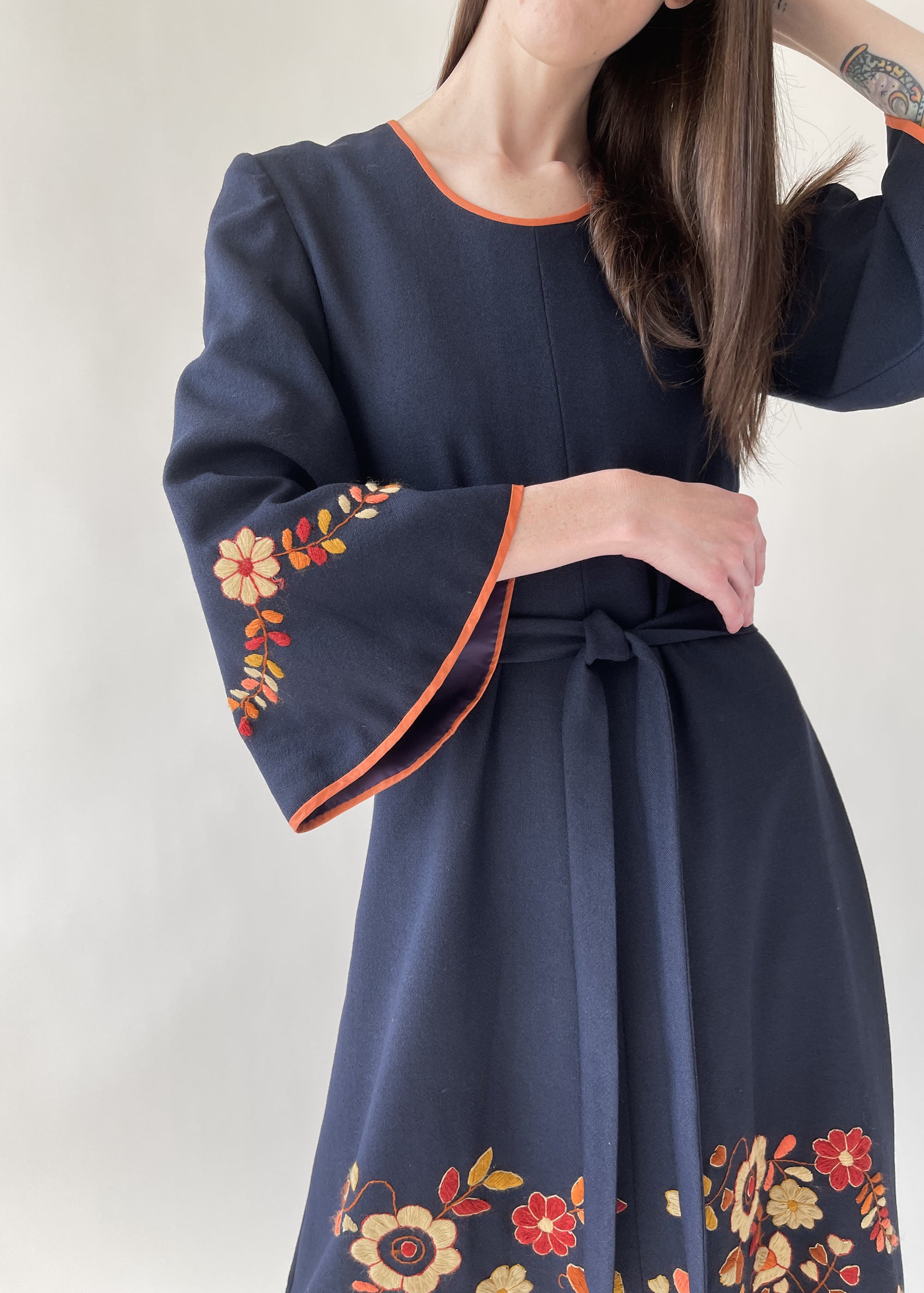 Vintage 1970s Crewel Embroidered Wool Caftan Dress