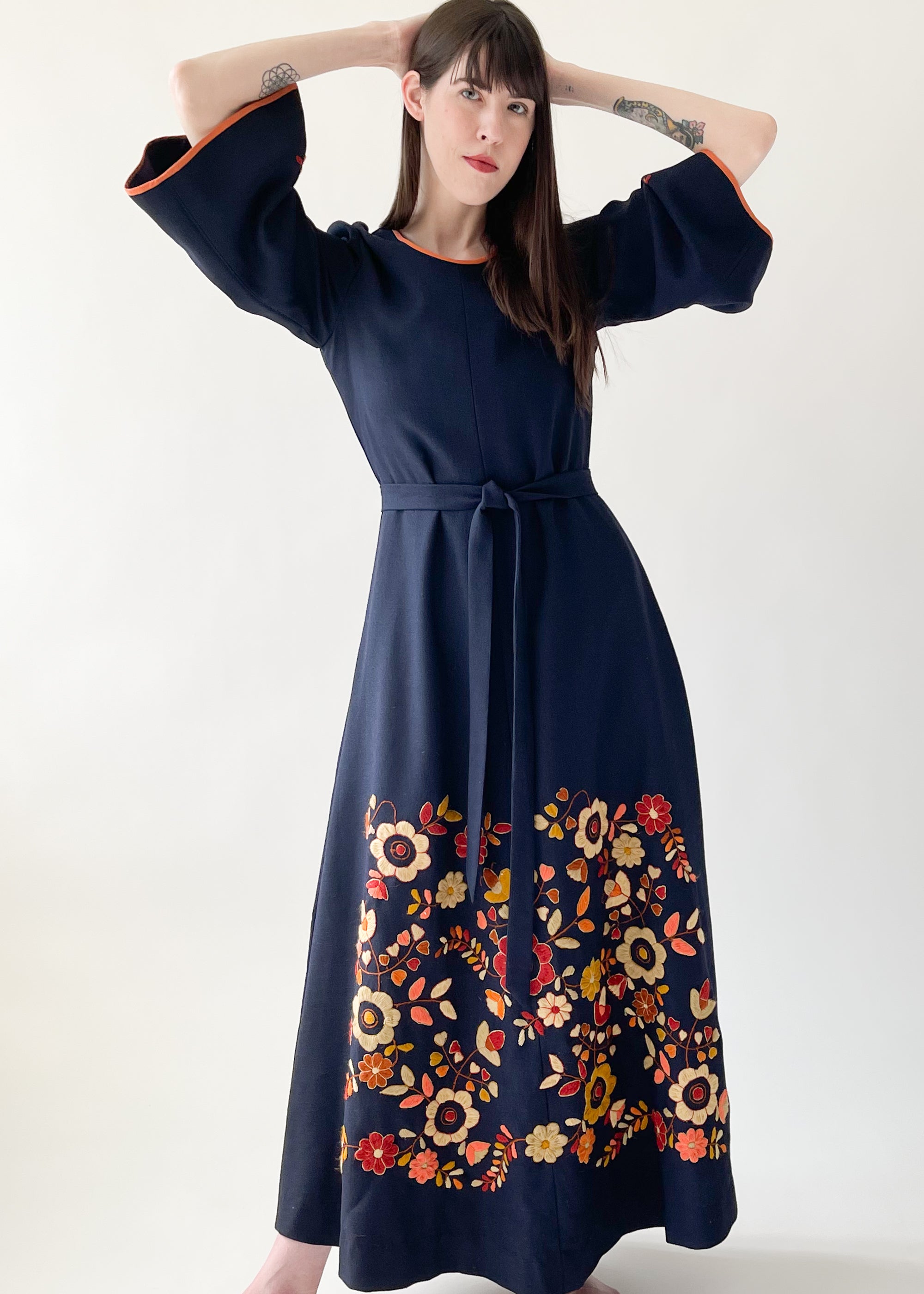 Vintage 1970s Crewel Embroidered Wool Caftan Dress