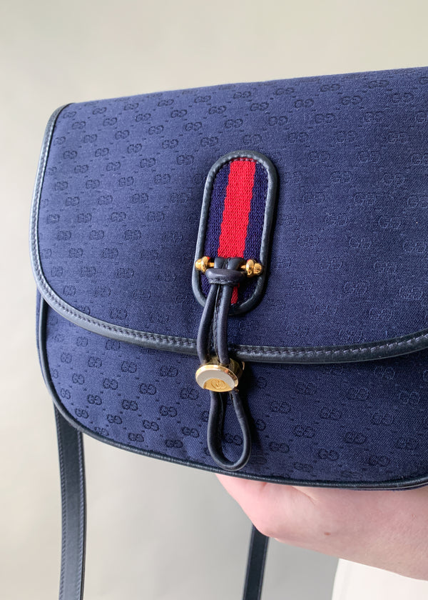 1970s Vintage Gucci Handbag Navy Midnight Blue Leather Shoulder