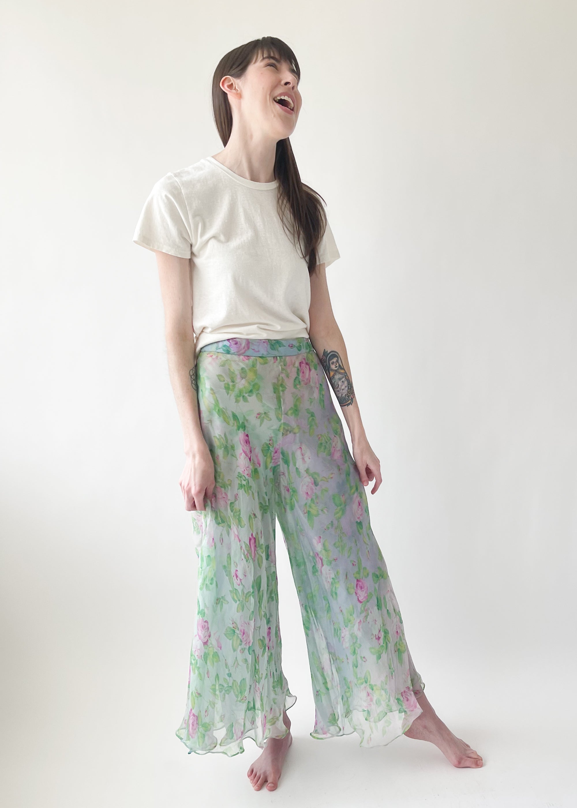 Vintage 1998 YSL Floral Silk Chiffon Pants