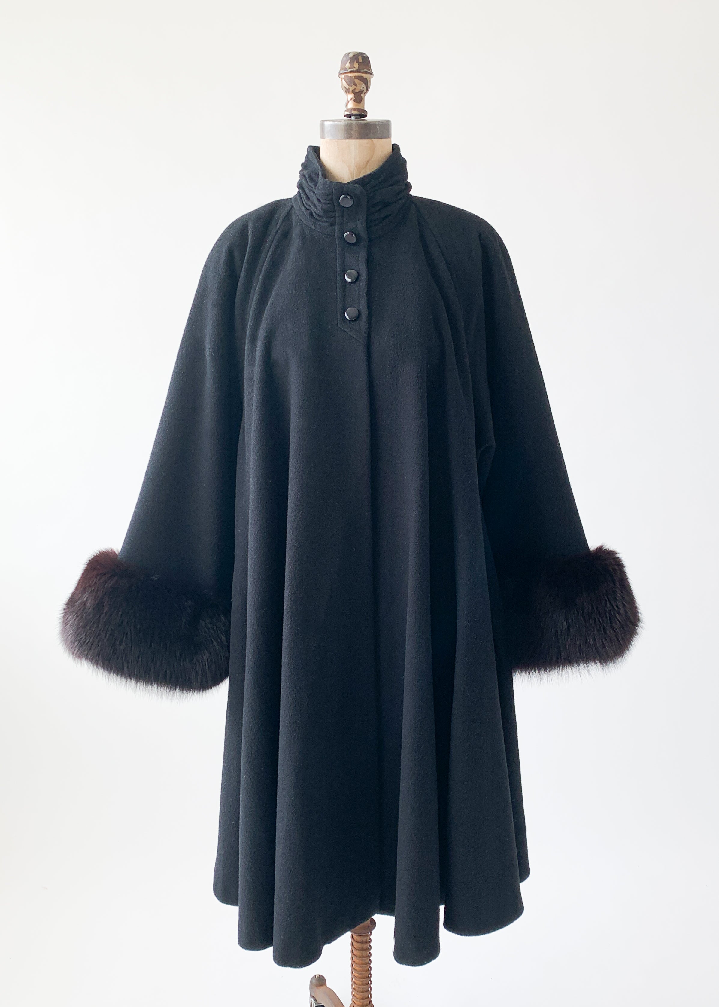 Vintage 1980s Black Swing Coat with Mink Trim
