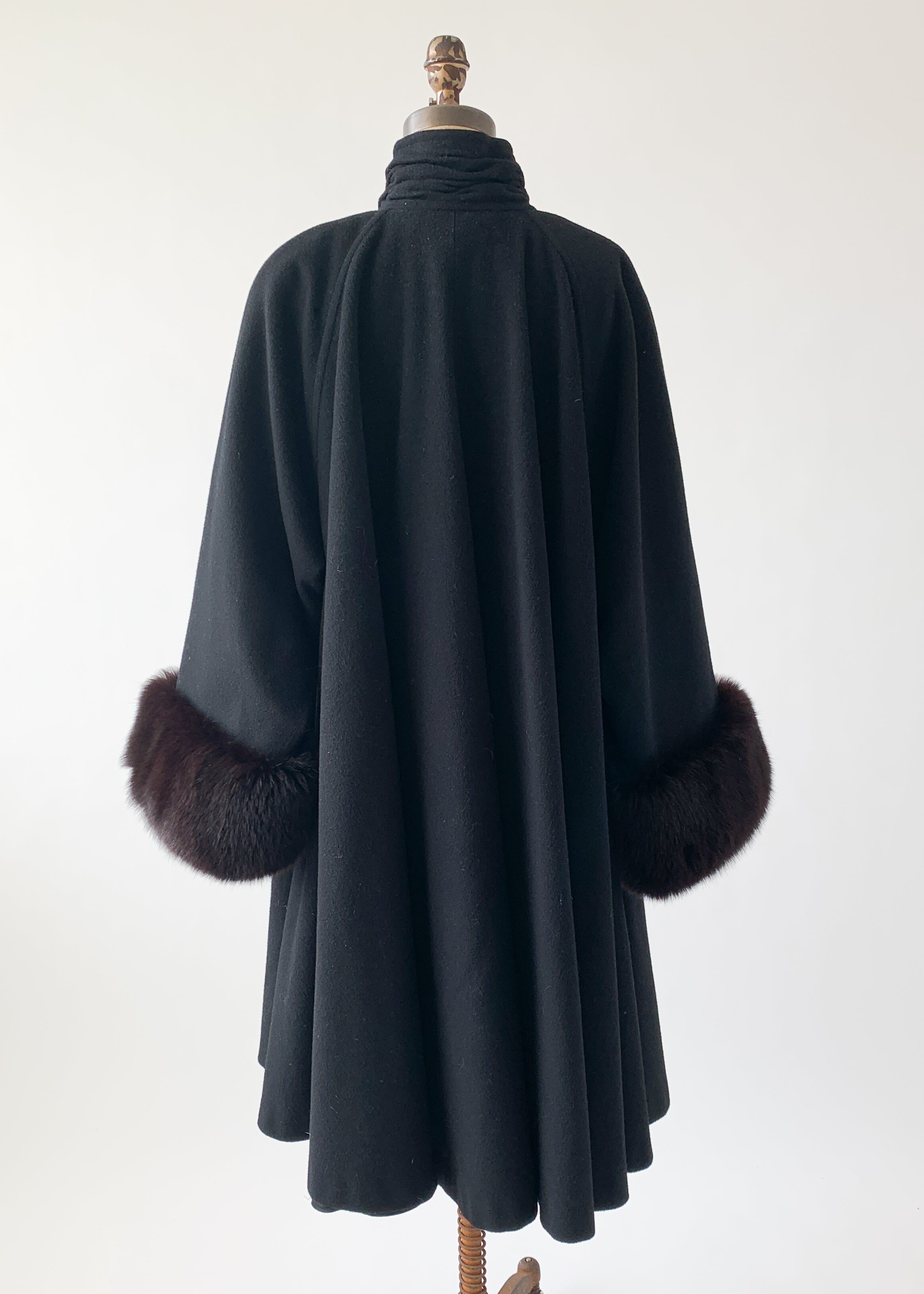 Vintage 1980s Black Swing Coat with Mink Trim