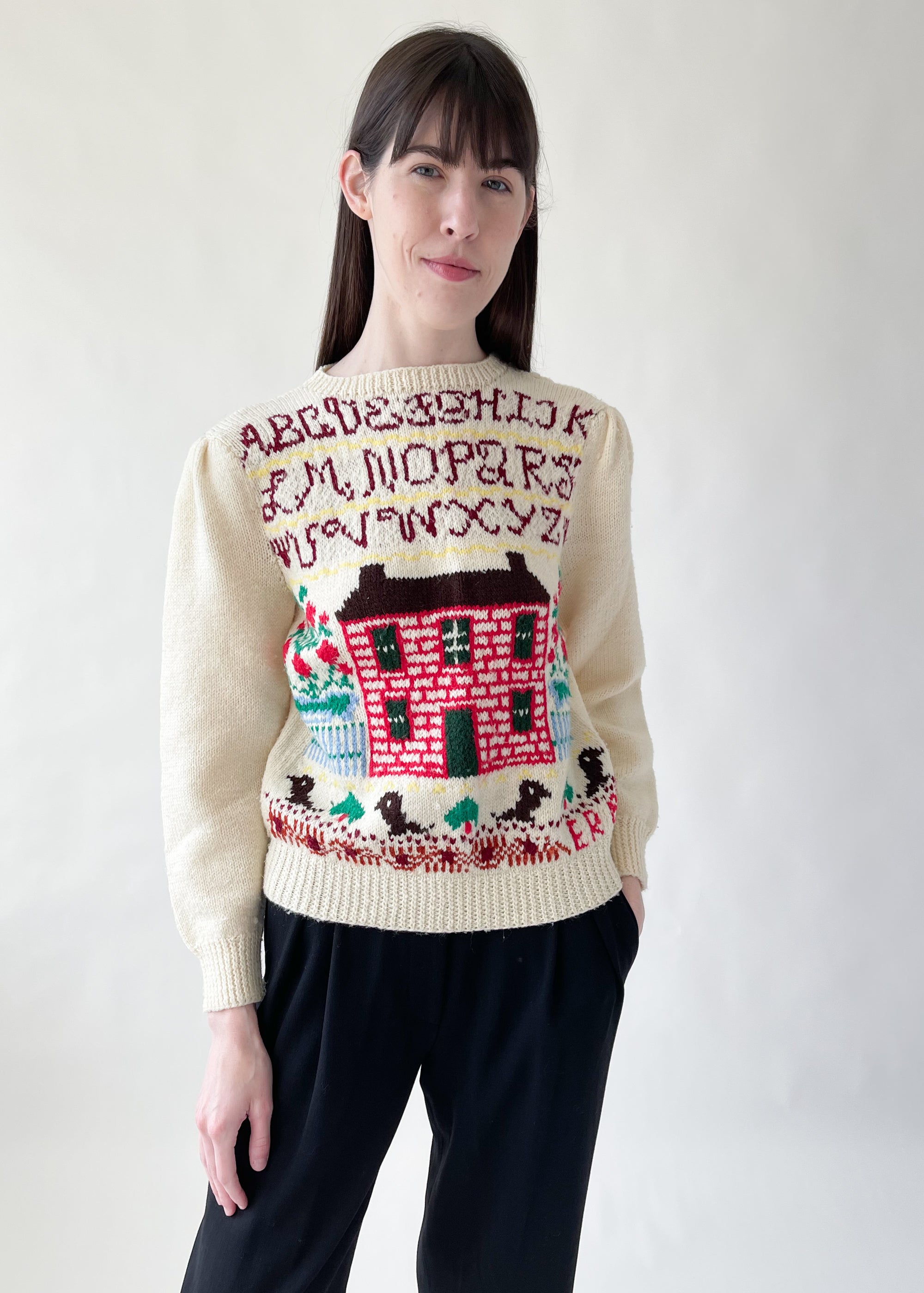 Vintage 1980s Hand-knit Schoolhouse Sweater