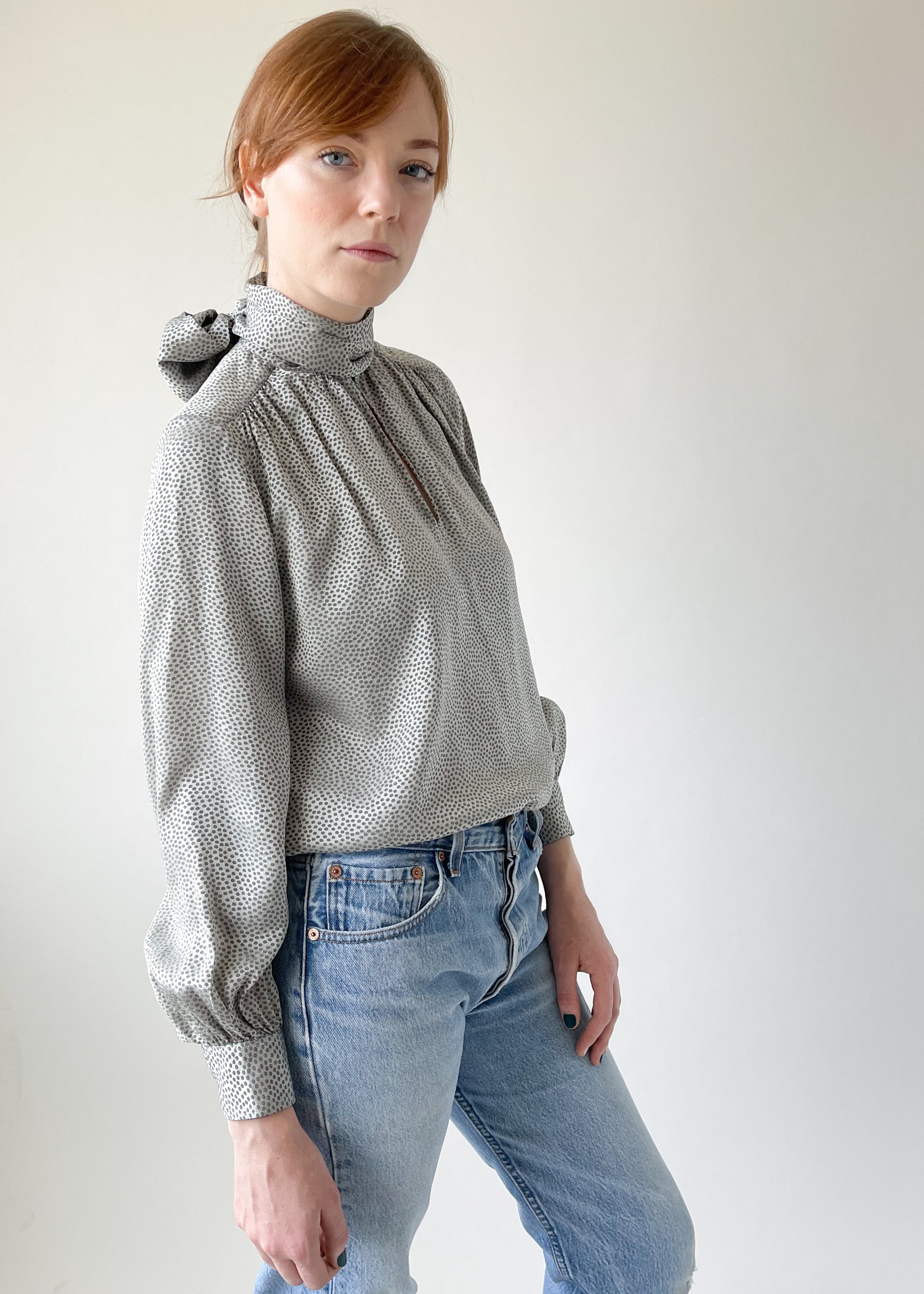 Vintage 1970s YSL Grey Silk Blouse