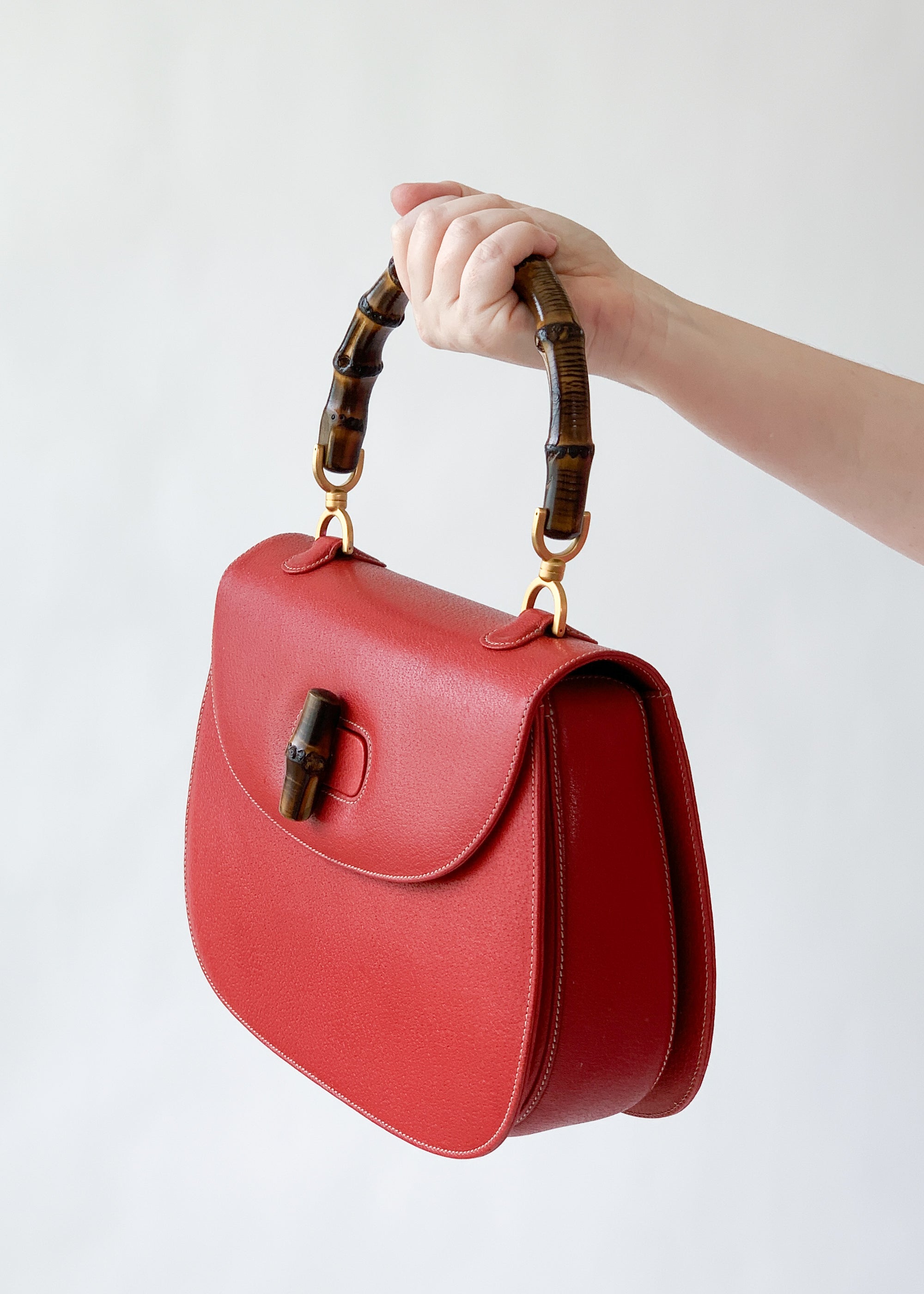 Vintage Early 1990s Red Gucci Bamboo Handle Bag with Strap
