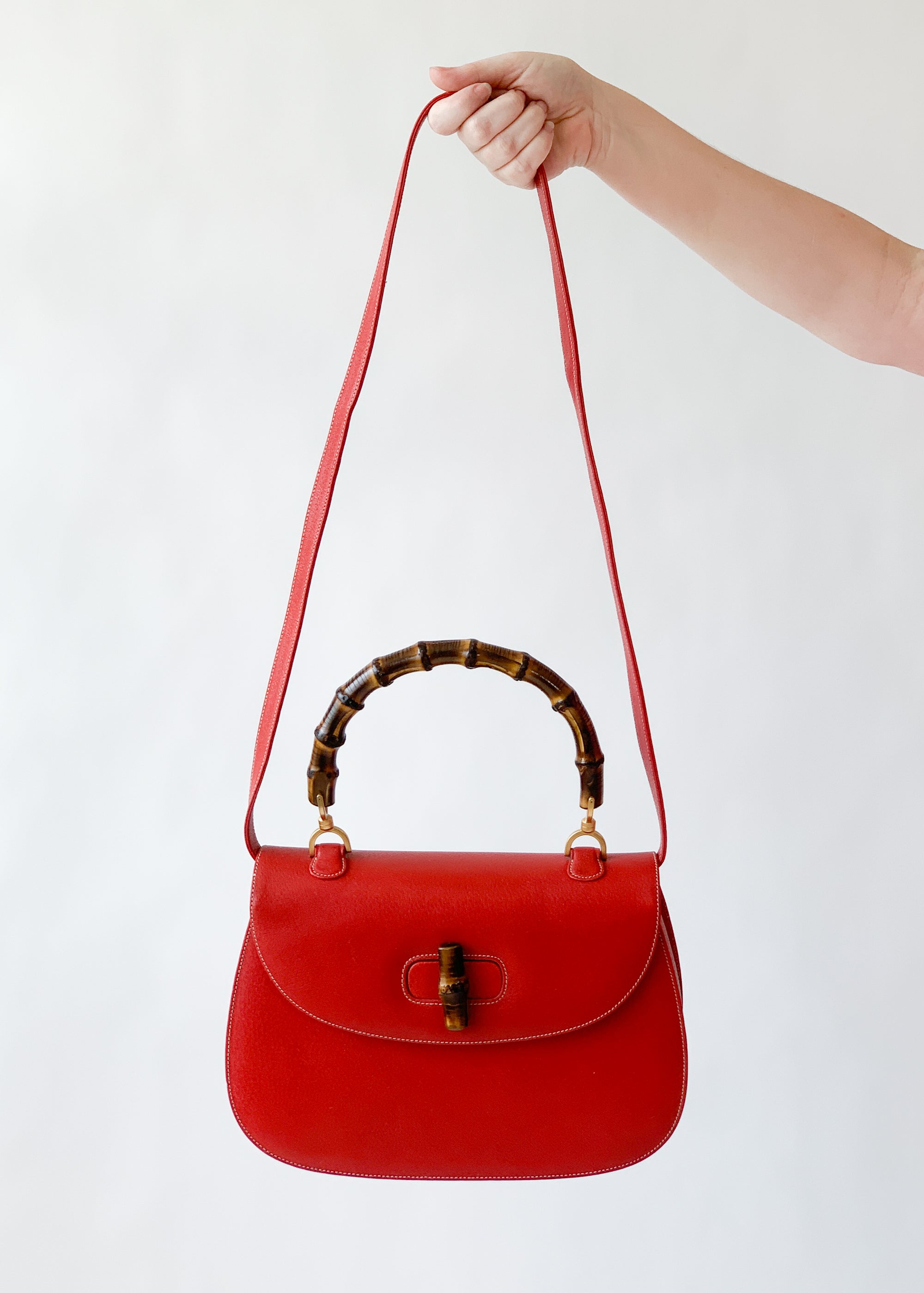Vintage Early 1990s Red Gucci Bamboo Handle Bag with Strap