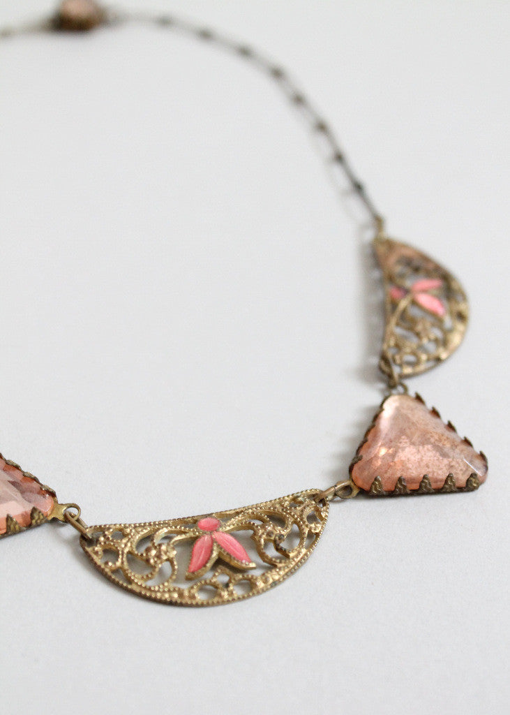 Vintage 1920s Pink Enamel Flapper Necklace