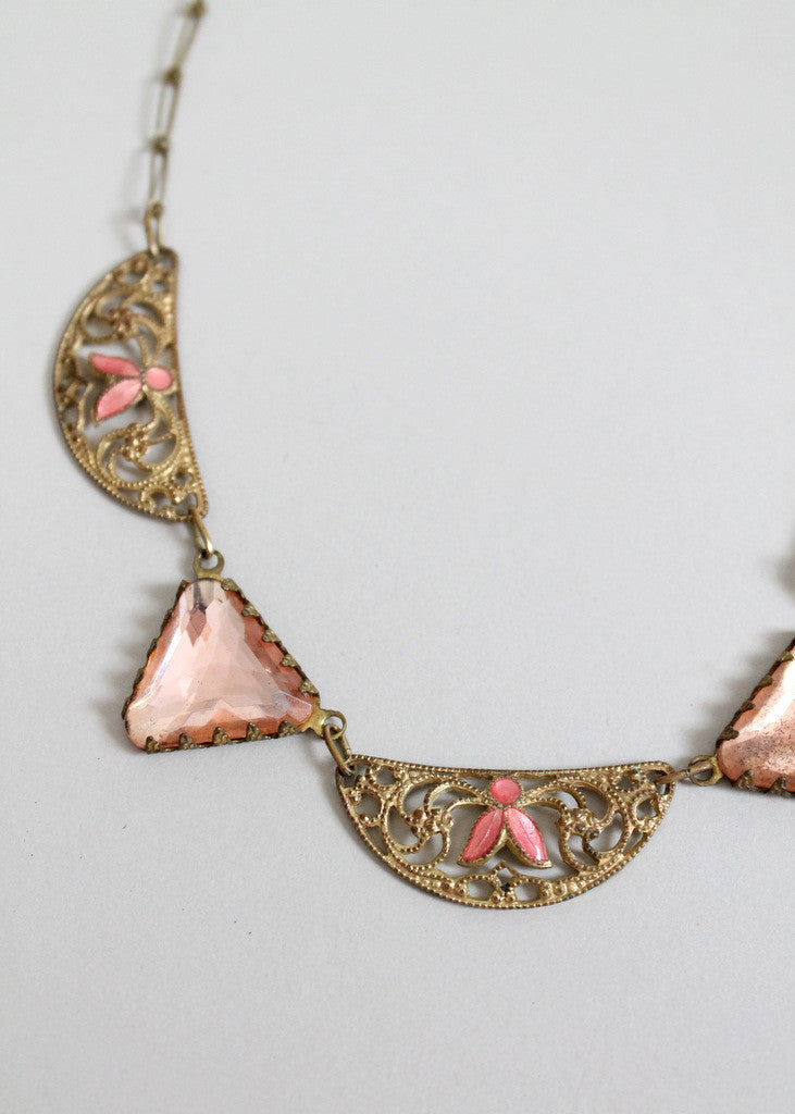 Vintage 1920s Pink Enamel Flapper Necklace