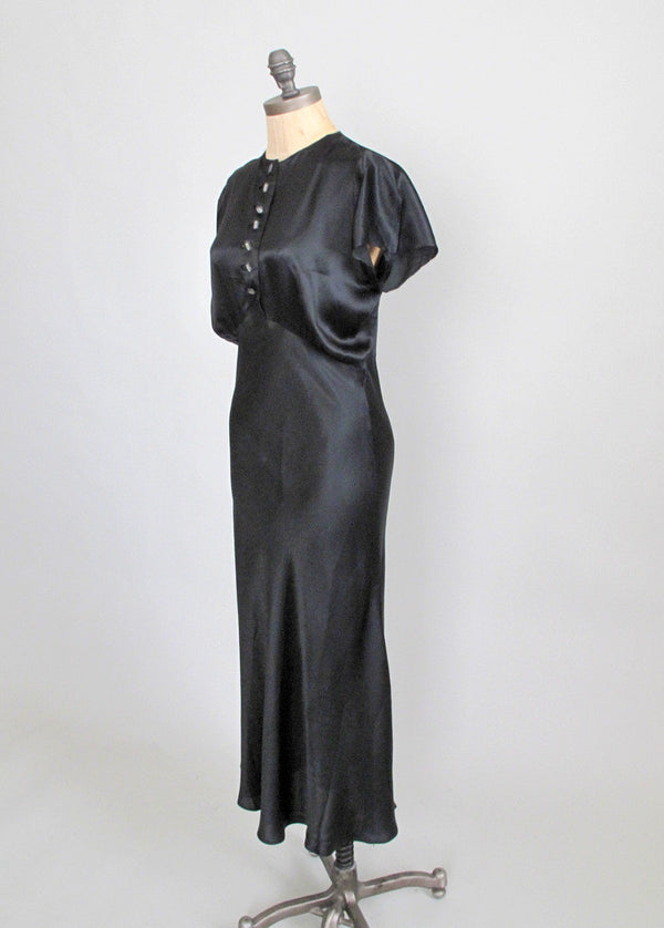 Early 1930s evening gown black liquid satin ruffle | XS