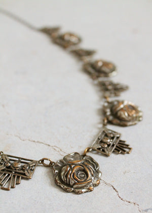 Vintage 1930s Art Deco Silver Rose Necklace