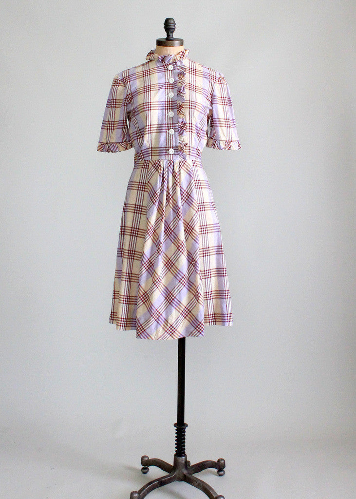 Vintage 1930s Plaid Ruffles Cotton Day Dress