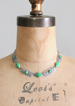 Vintage 1930s Green Glass and Silver Filigree Necklace