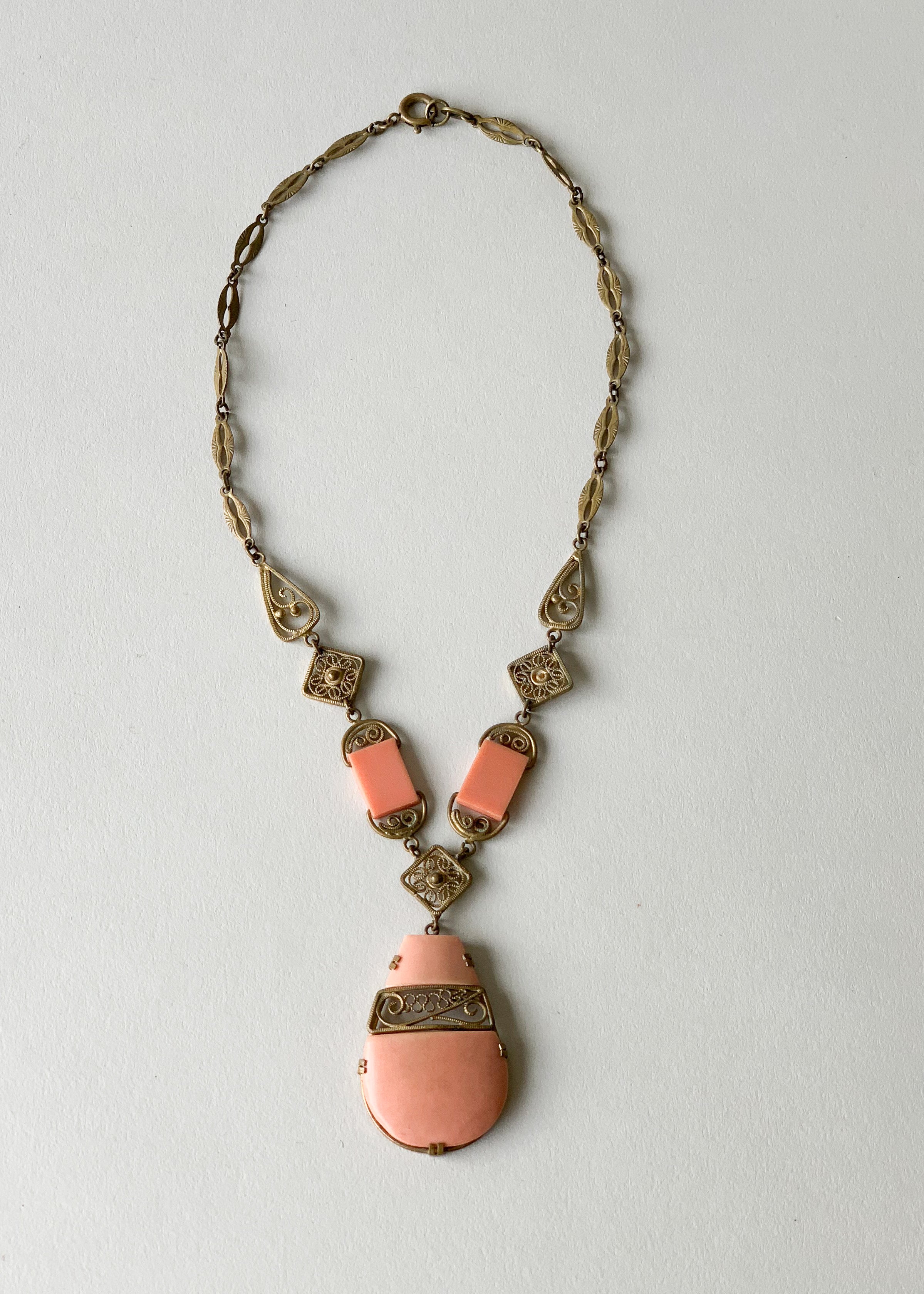 Vintage 1930s Peach and Brass Necklace