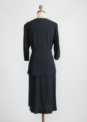 Vintage 1940s Noir Beaded Peplum Crepe Dress