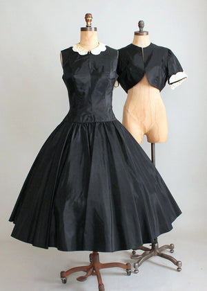 Vintage Early 1950s Black Taffeta Halter Dress with Jacket