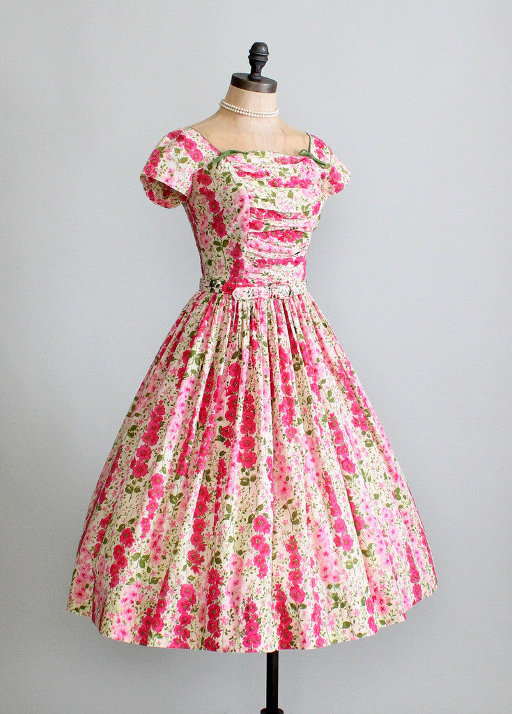 Vintage 1950s Pink Floral Garden Party Dress
