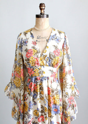 Vintage 1960s Bell Sleeve Floral Festival Maxi Dress
