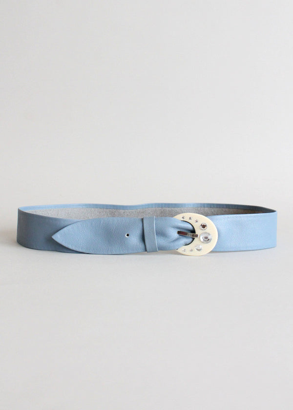 Vintage Blue Leather Belt with Rhinestone Celluloid Buckle  display picture 3