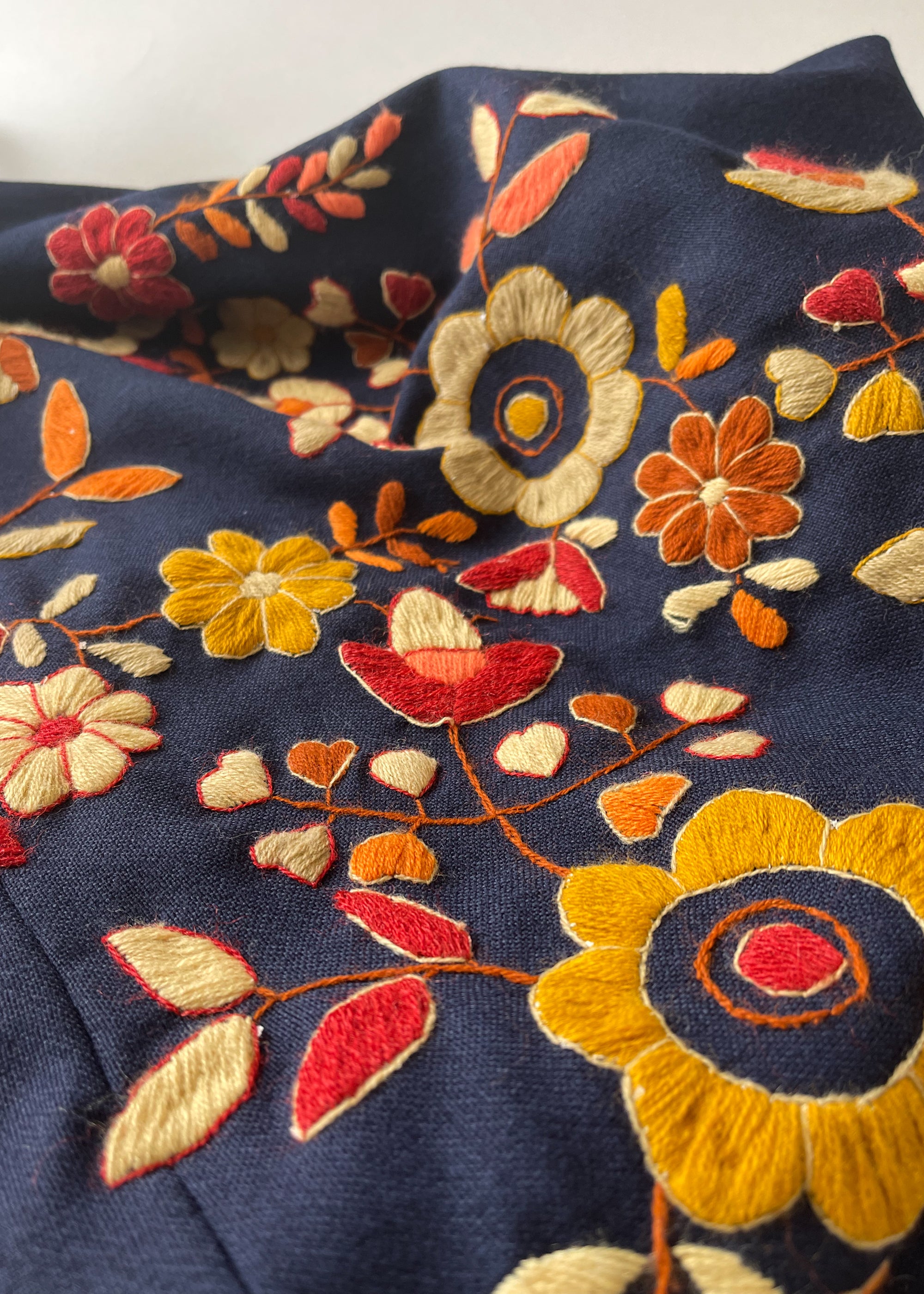 Vintage 1970s Crewel Embroidered Wool Caftan Dress