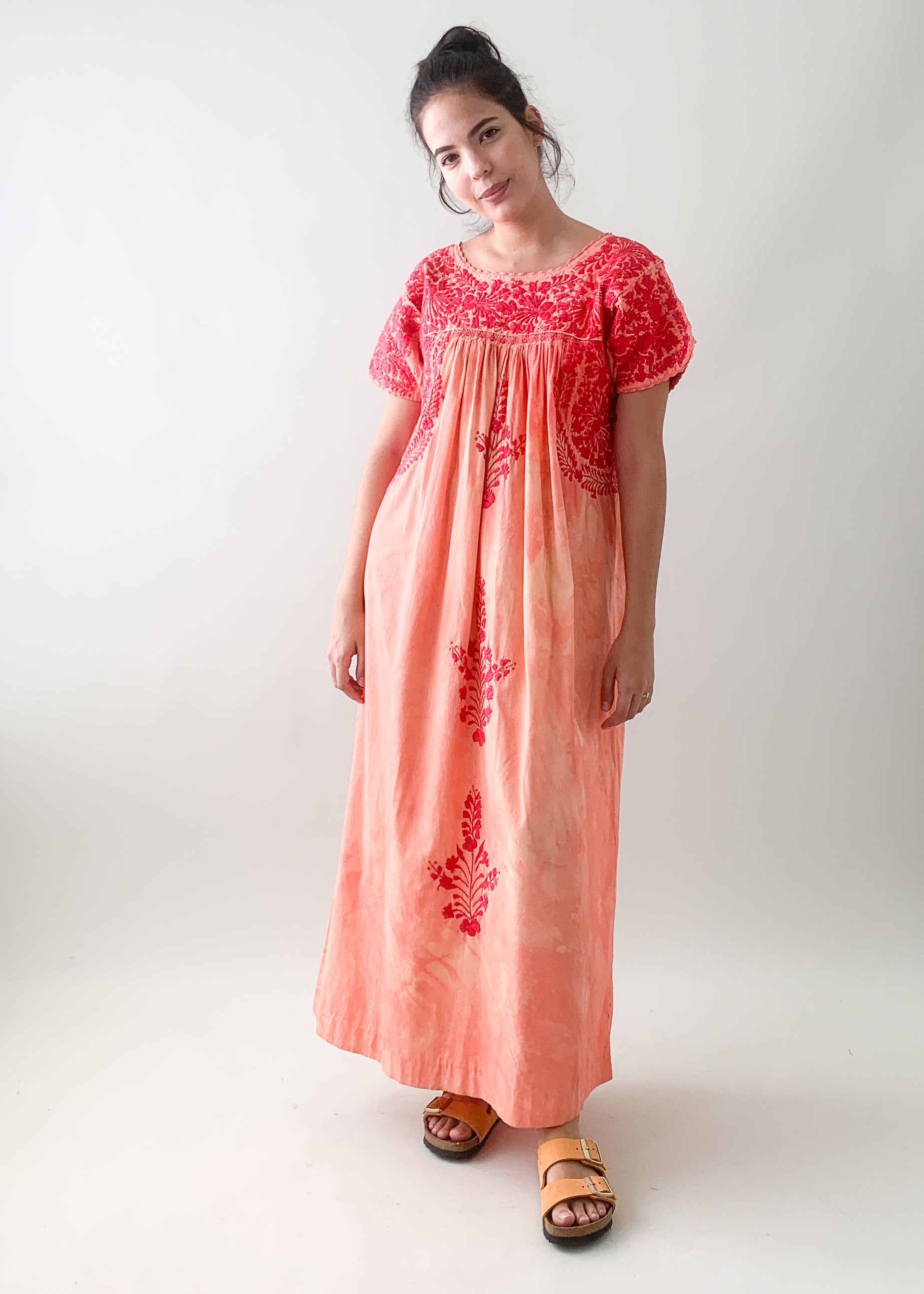Vintage 1970s Tie Dyed Mexican Embroidered Cotton Dress