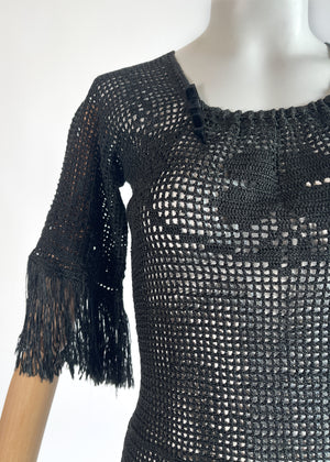 Vintage 1920s Crochet Knit Top with Fringe