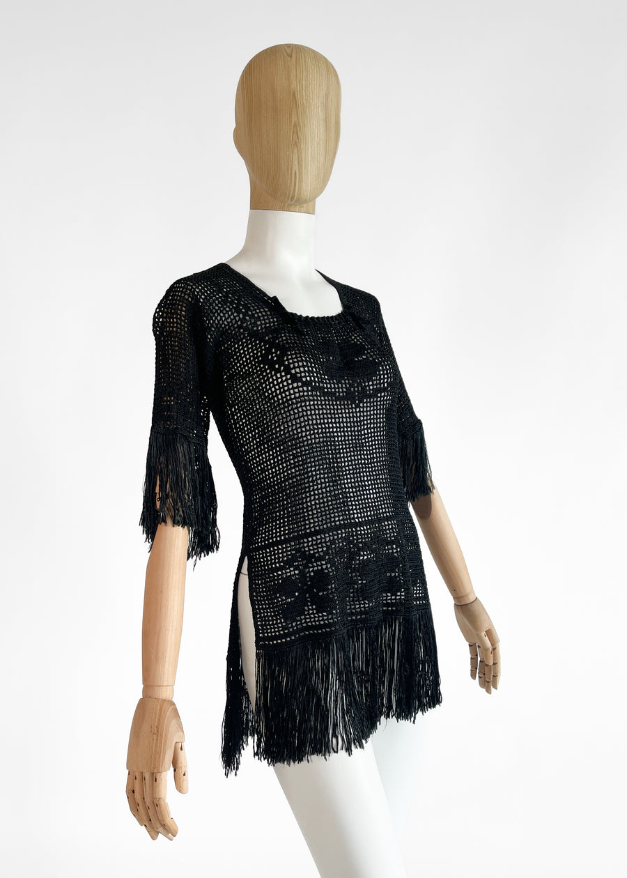 Vintage 1920s Crochet Knit Top with Fringe
