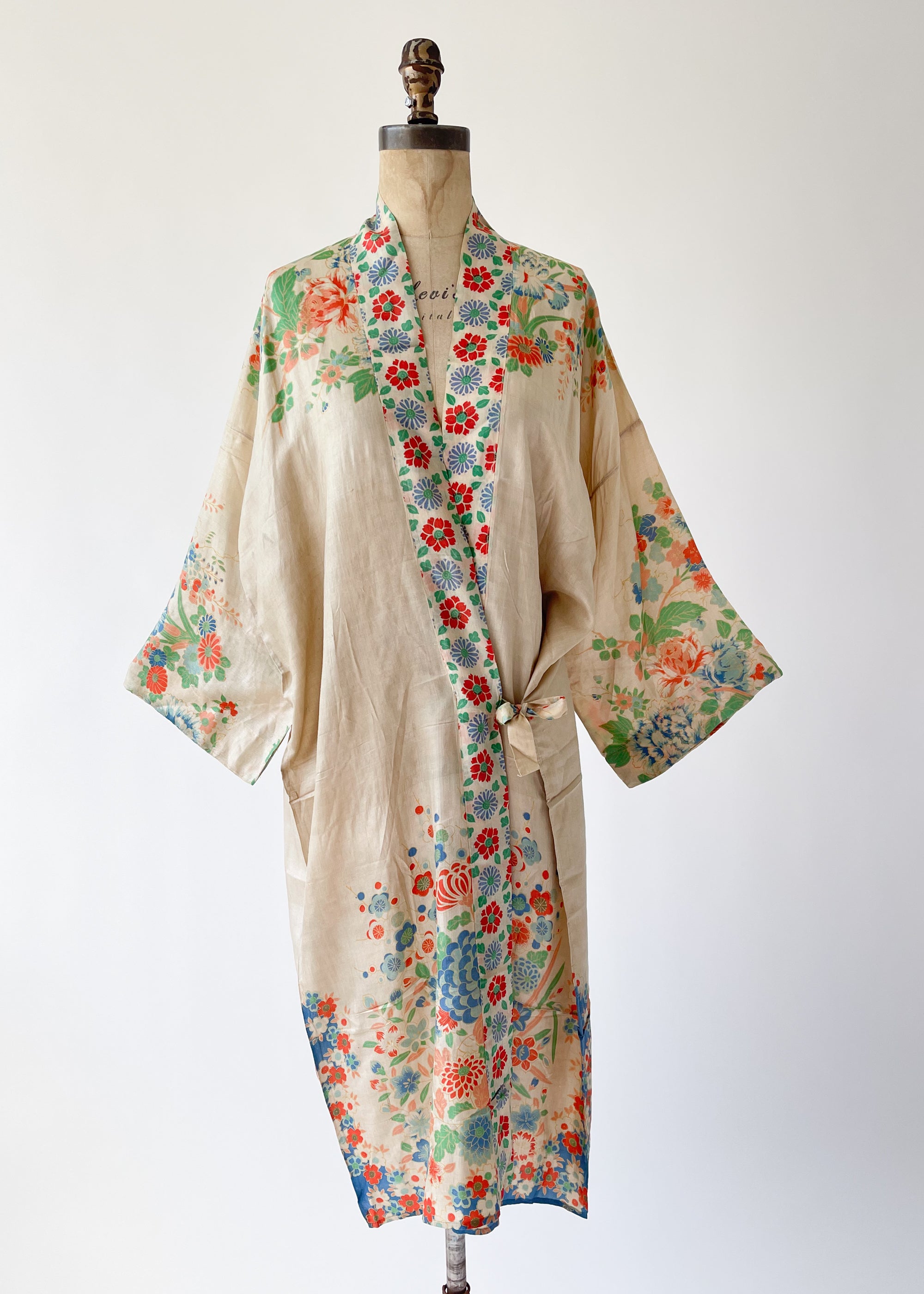Vintage 1920s Floral Pongee Silk Tie Waist Robe