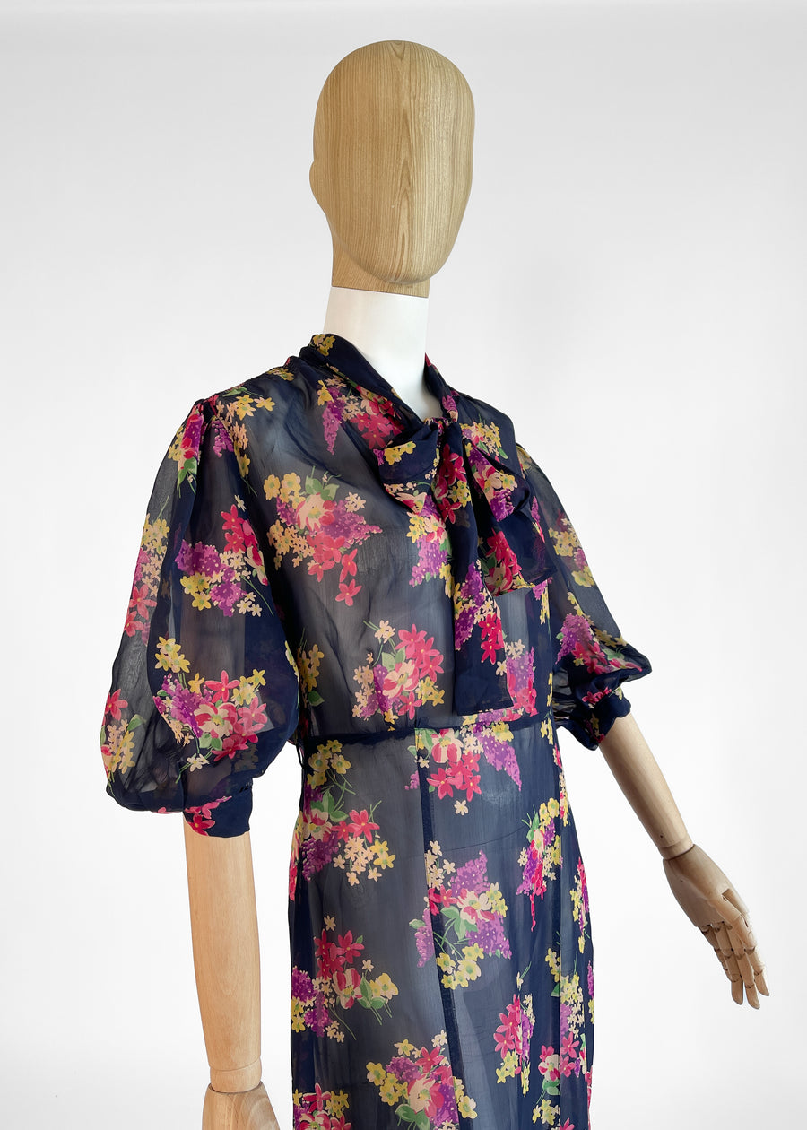 Vintage 1930s Floral Silk Chiffon Dress