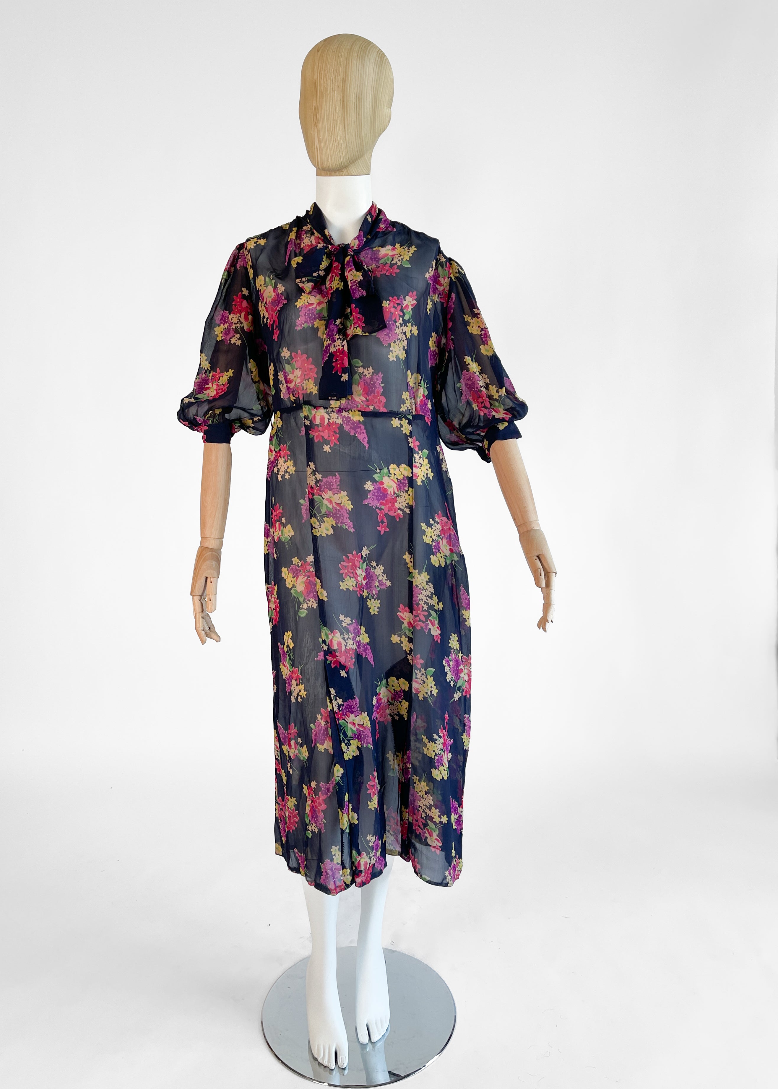 Vintage 1930s Floral Silk Chiffon Dress