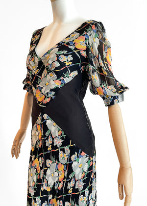 1930s Floral Silk Dress