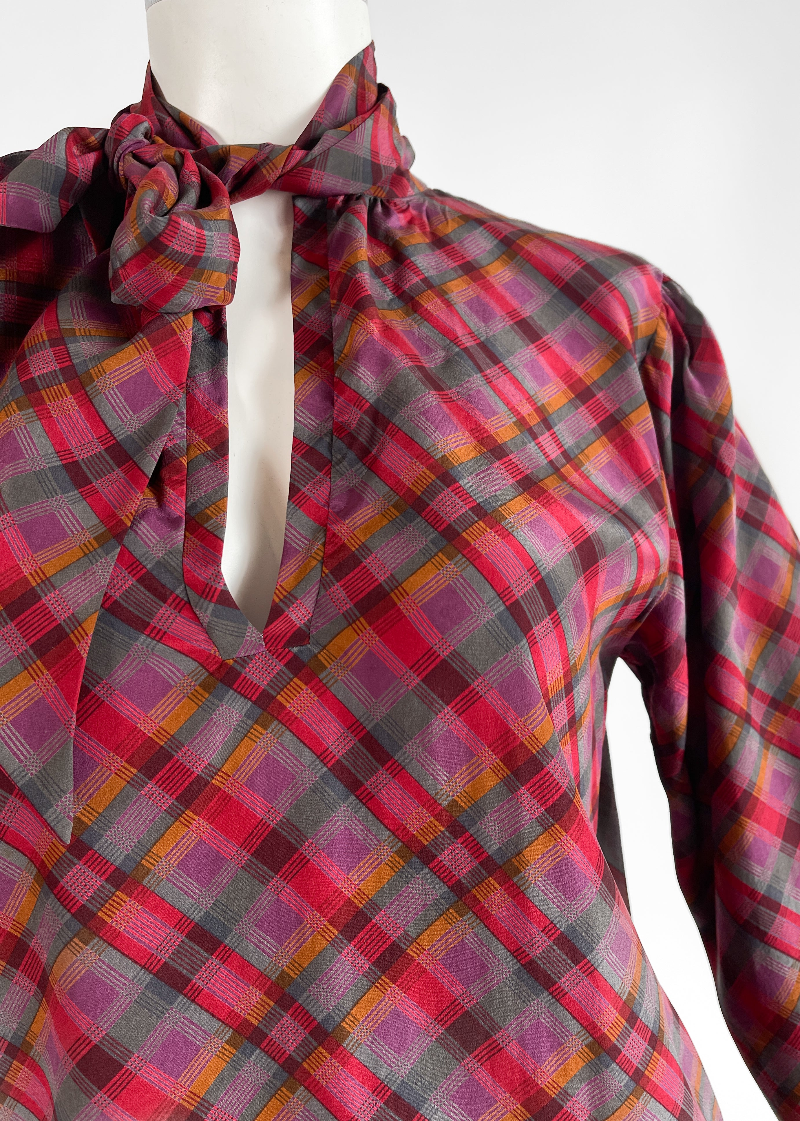 Vintage YSL Plaid Silk Blouse — Late 1970s, Pink & Purple, Made in