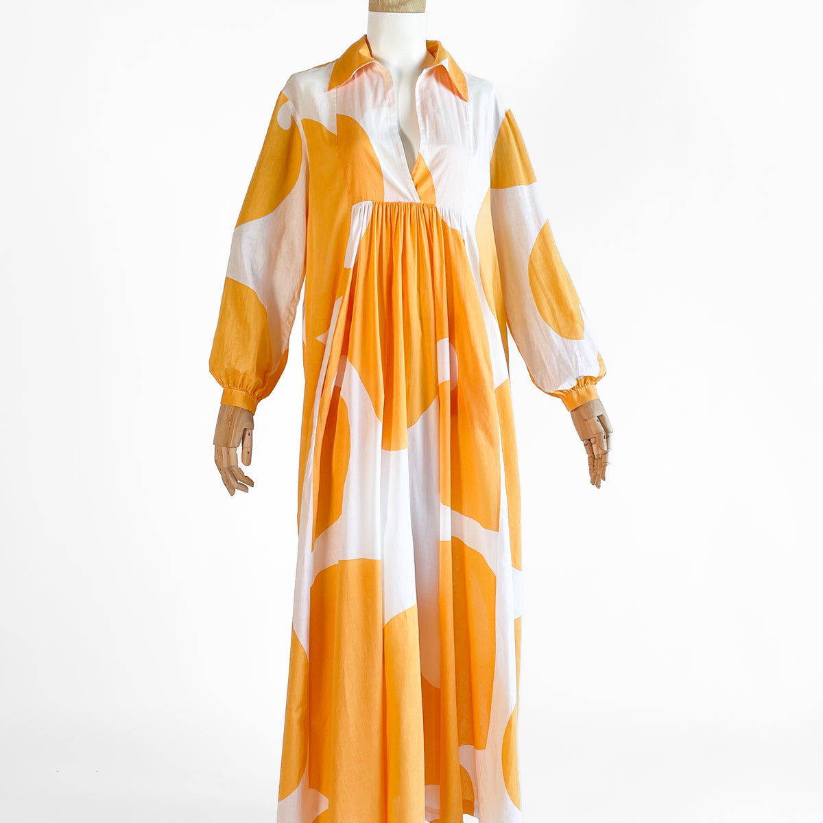 Marimekko 1970s Jokeri Print Cotton Caftan Maxi Dress — Marigold Orange