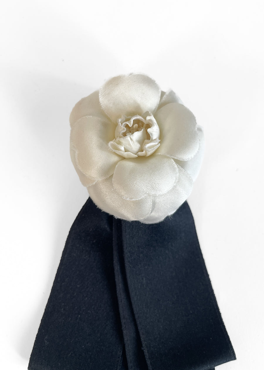 1990s Chanel Camellia and Ribbon Brooch