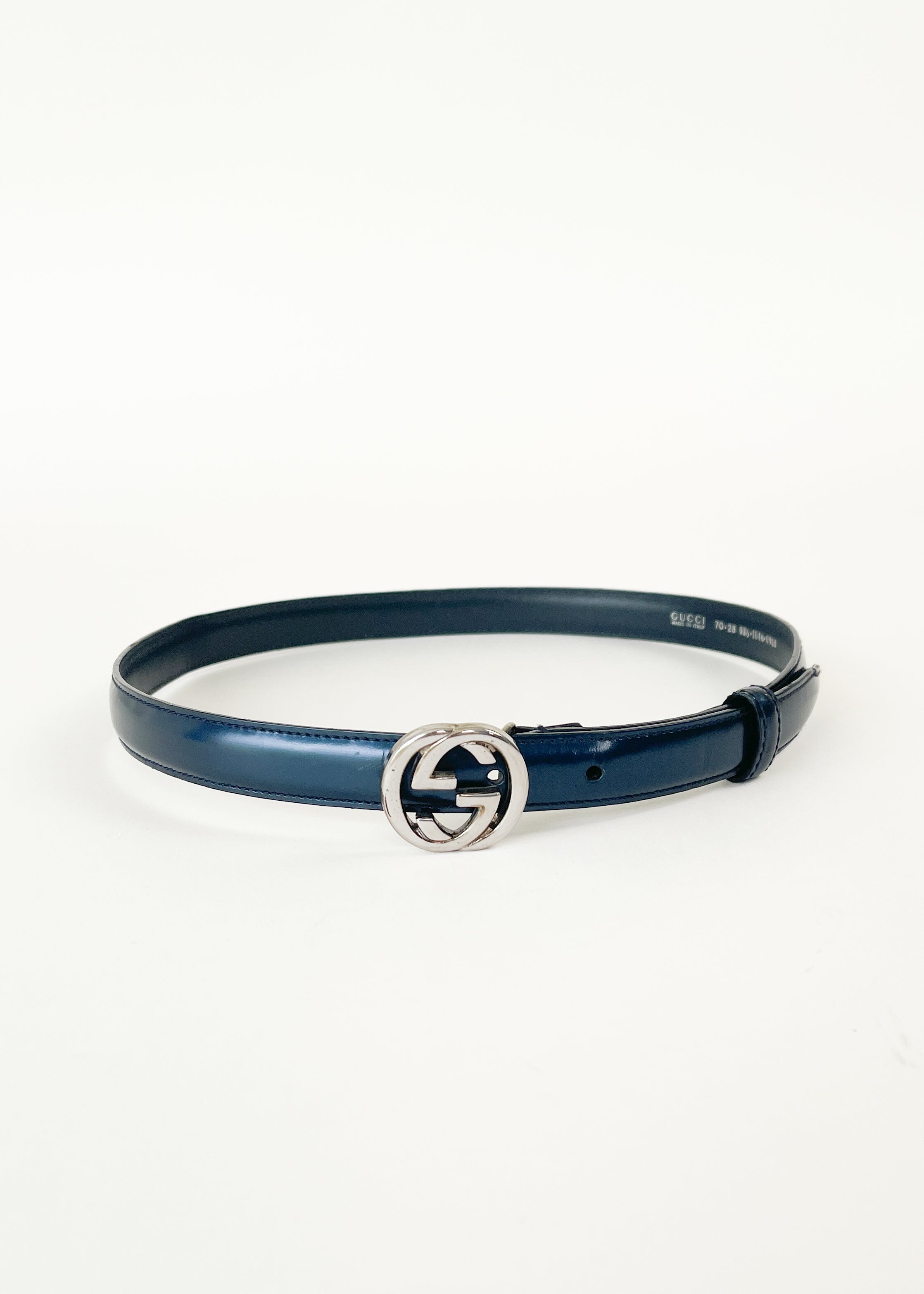 Vintage Gucci Tom Ford Metallic Blue Skinny Belt — Silver GG Buckle