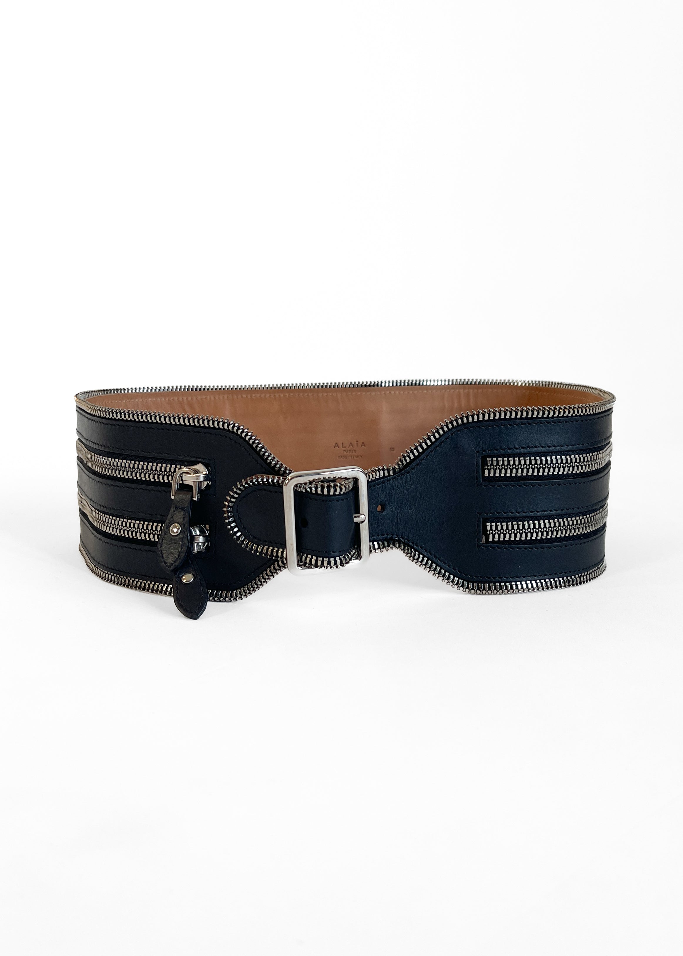Alaïa Double Zipper Wide Leather Belt — Black, Silver Hardware