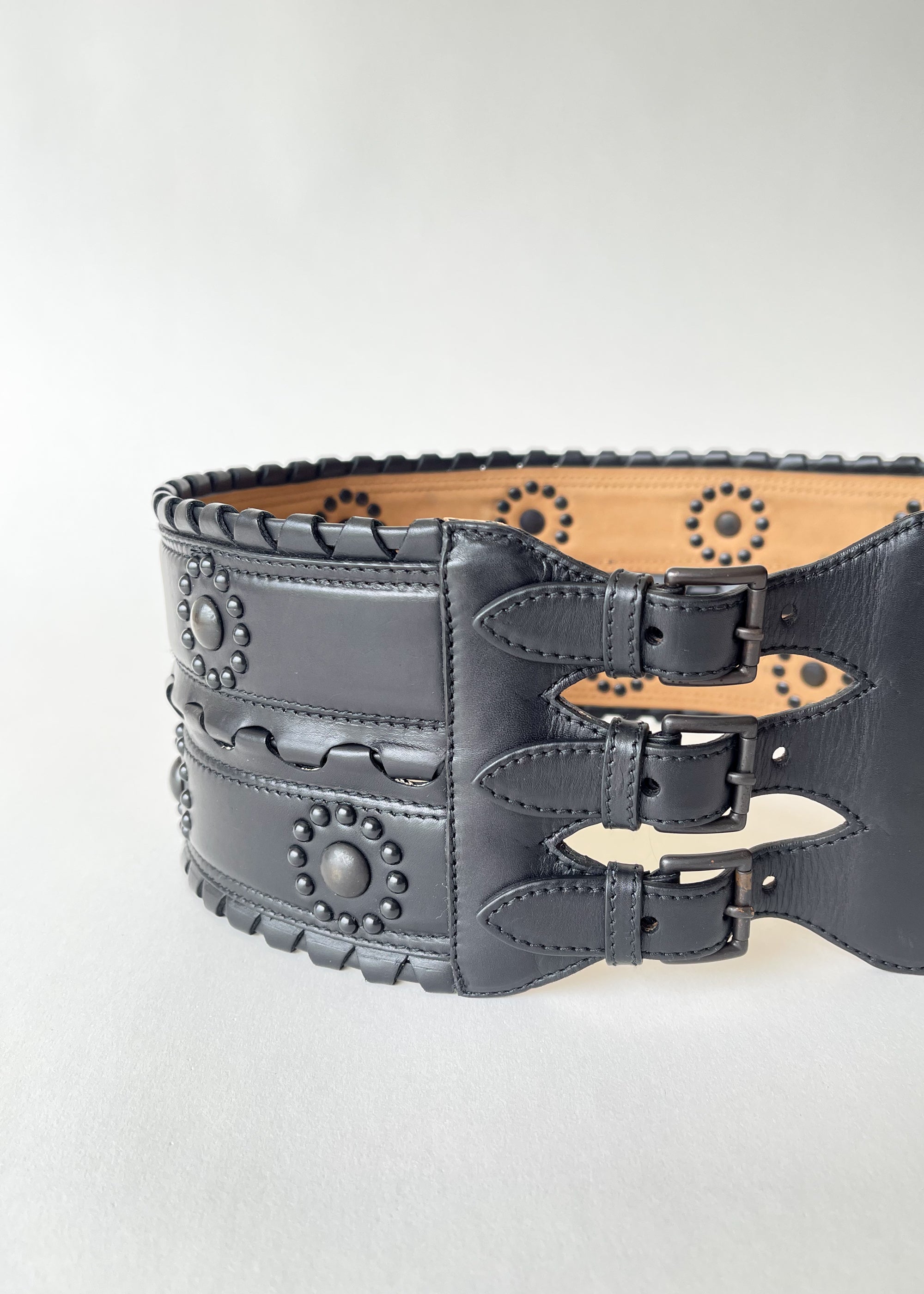 Vintage Alaia Wide Studded Triple Buckle Belt
