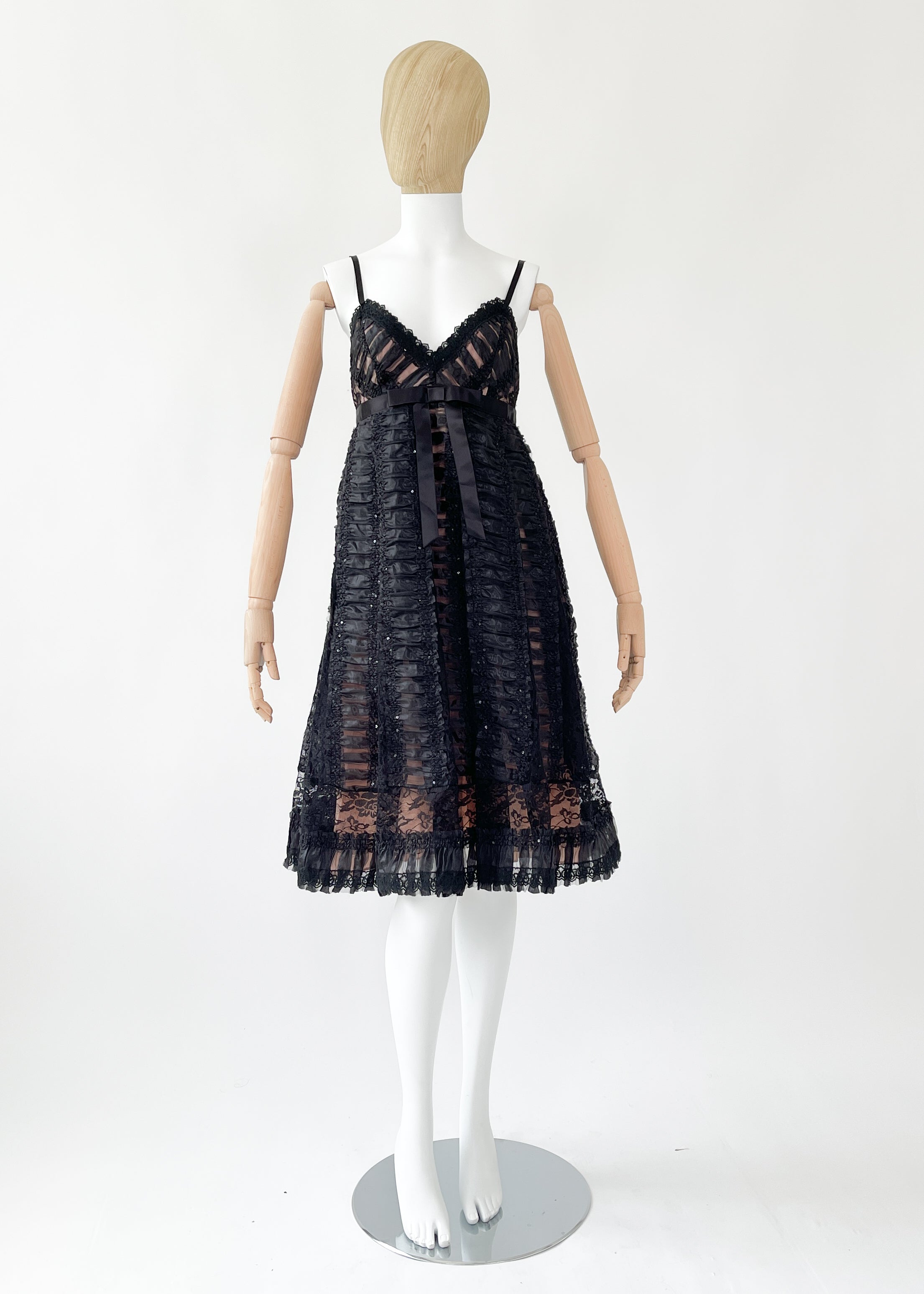 Anna Sui Black Organdy Lace Midi Dress — Sequins, Pink Lining