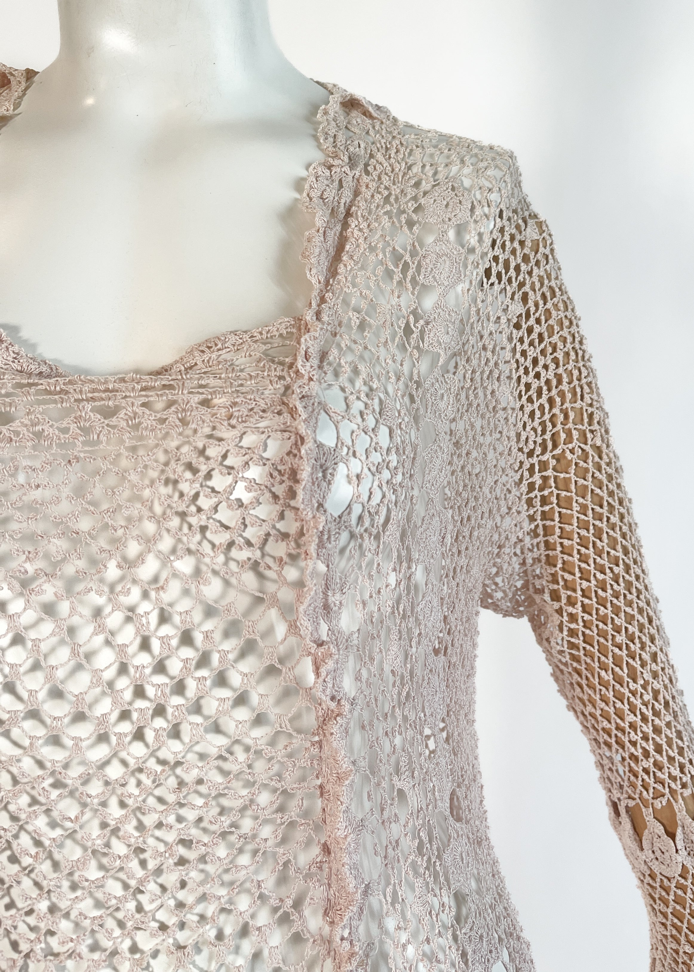 Antique 1920s Pale Pink Rayon Crochet Net Dress