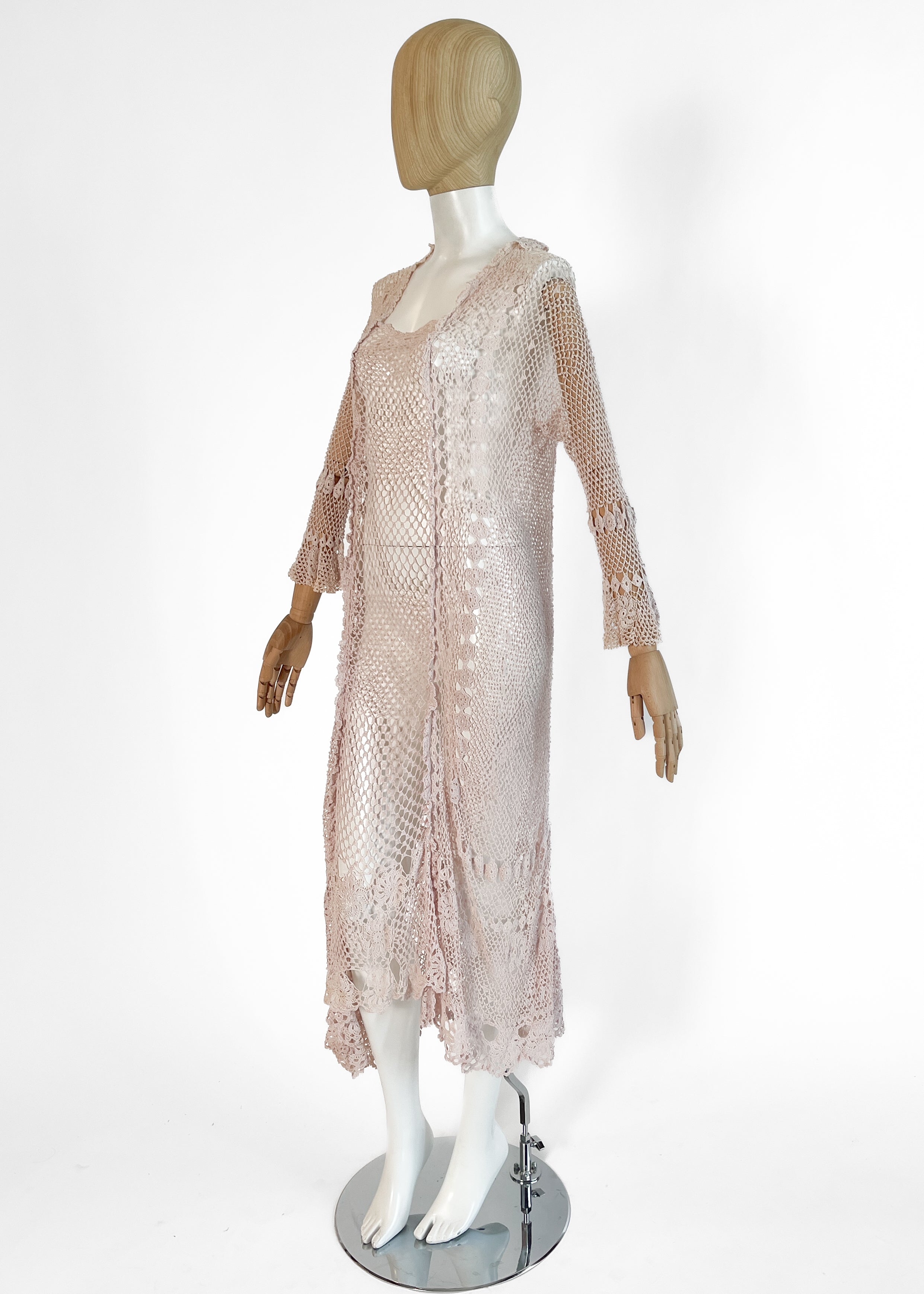 Antique 1920s Pale Pink Rayon Crochet Net Dress