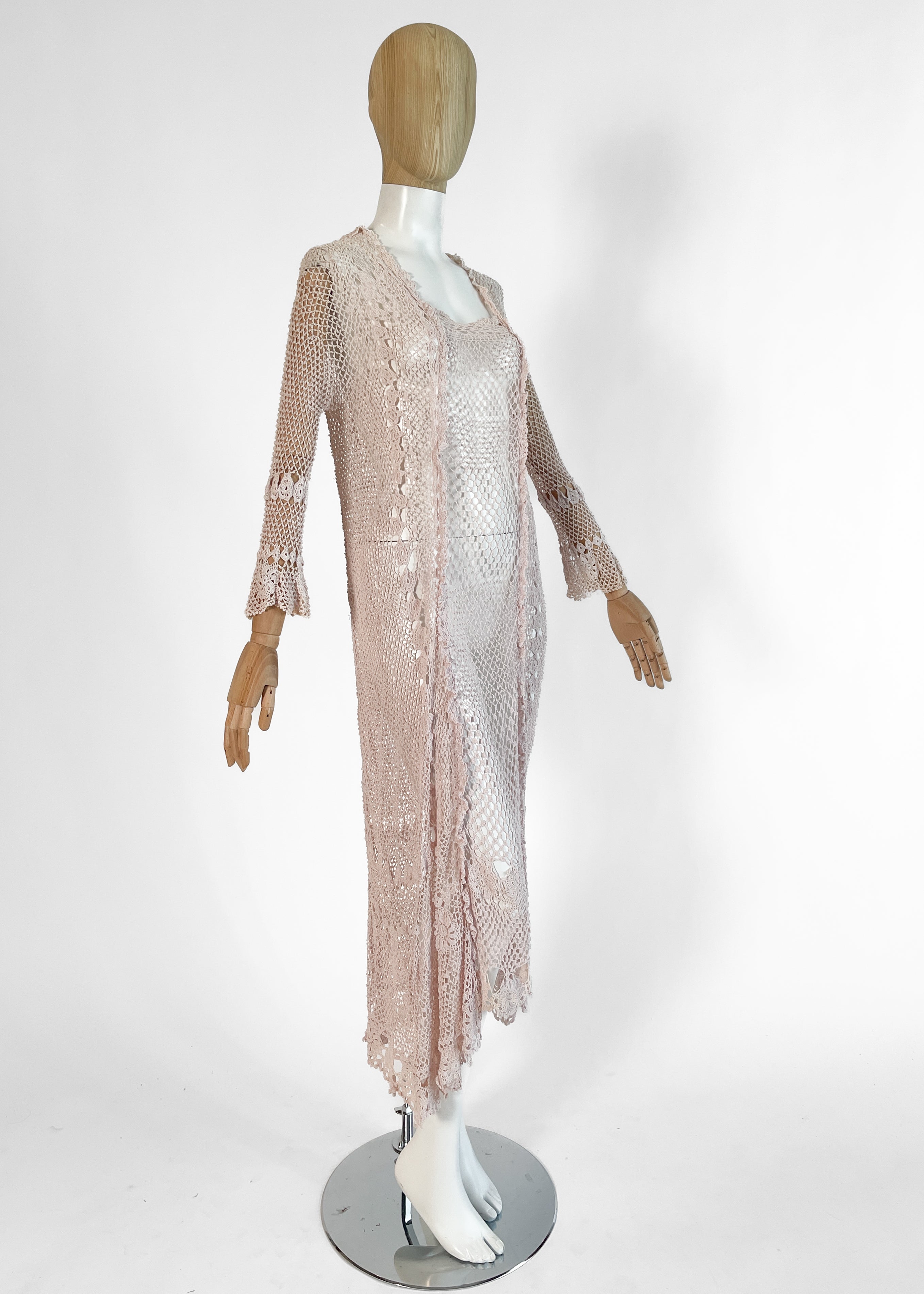Antique 1920s Pale Pink Rayon Crochet Net Dress