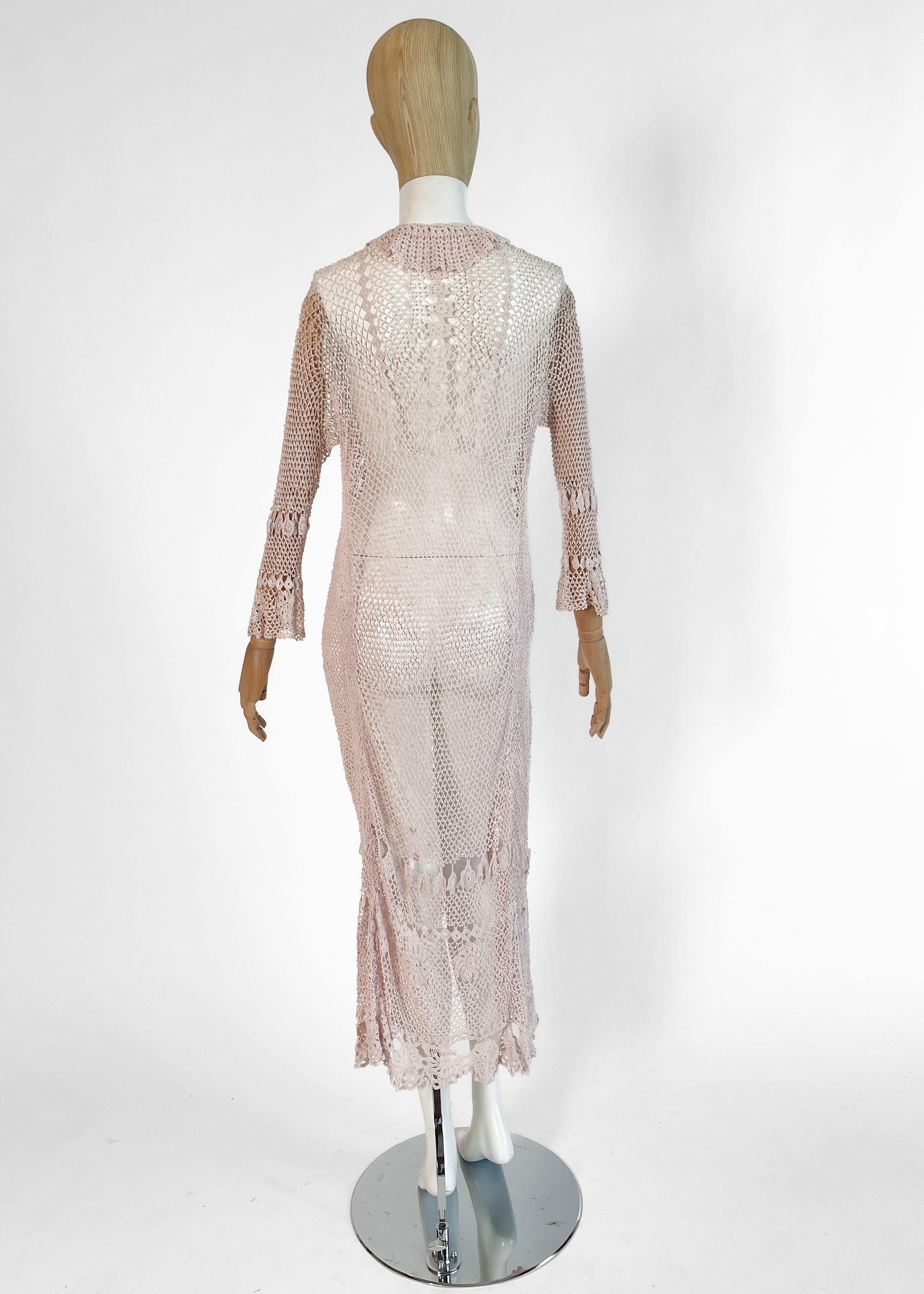 Antique 1920s Pale Pink Rayon Crochet Net Dress
