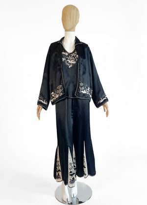 1920s Embroidered Silk Lounging Pajamas